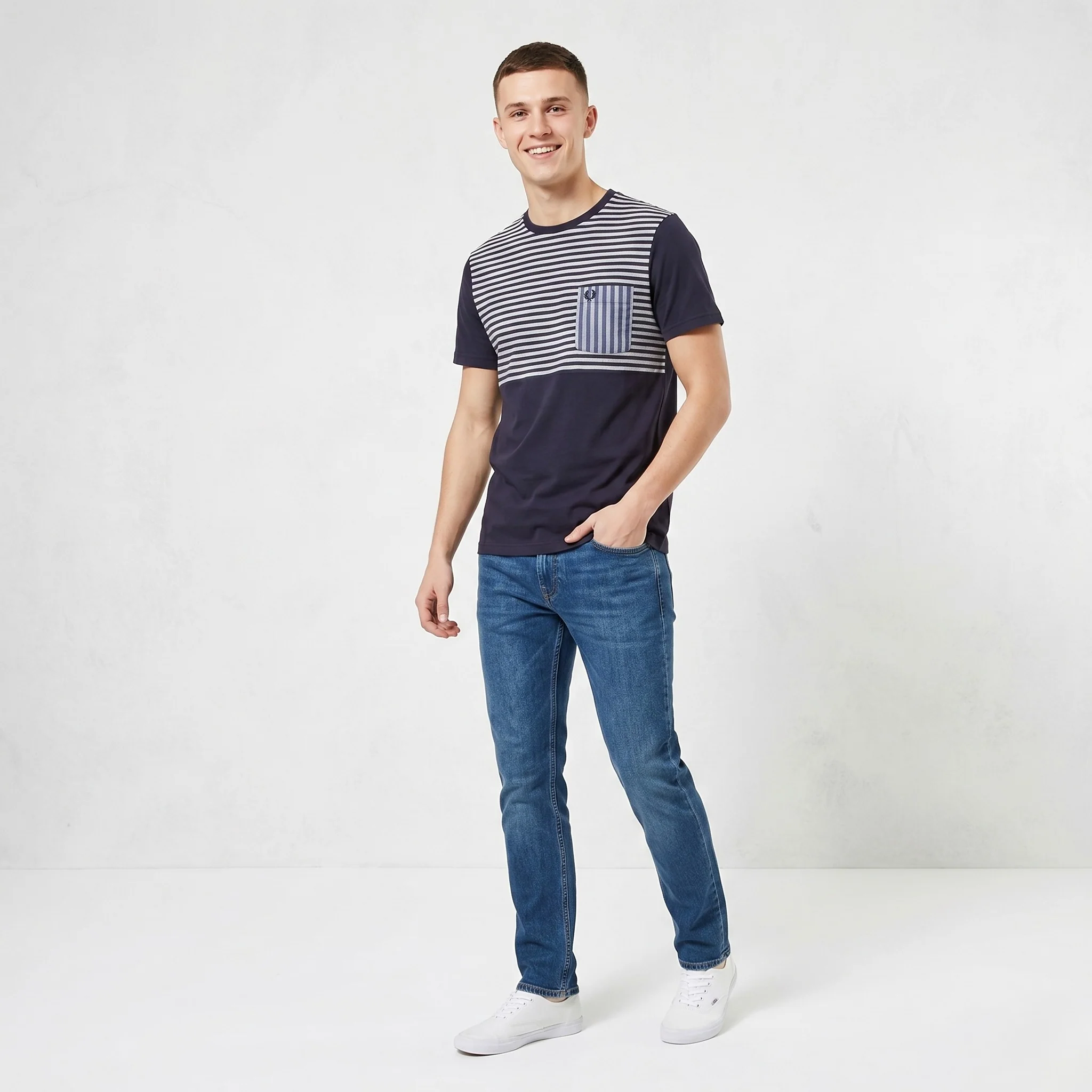 Fred Perry Men M (S) Shirt Navy Cotton Striped Pocket Classic Crew Neck Marine Top