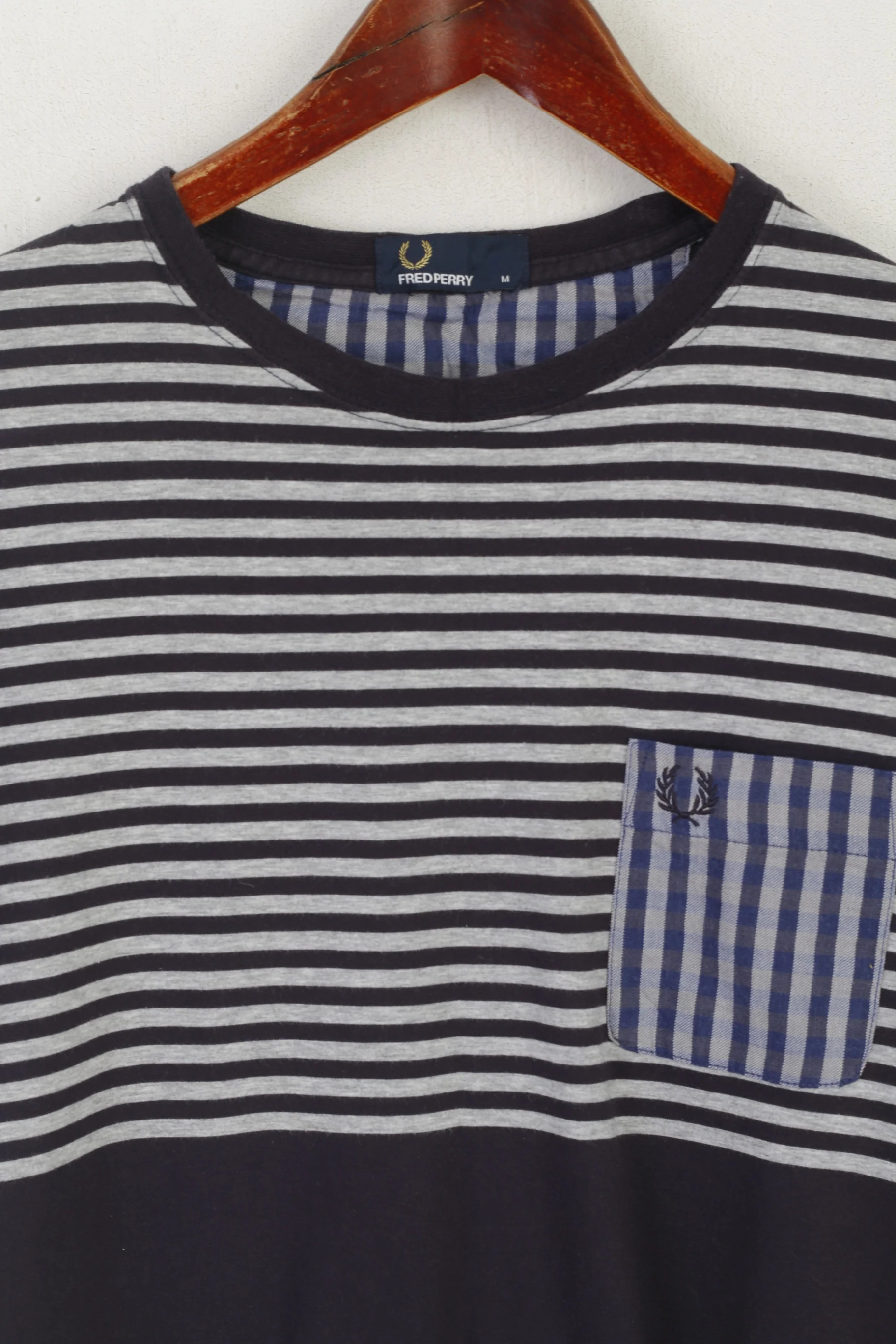 Fred Perry Men M (S) Shirt Navy Cotton Striped Pocket Classic Crew Neck Marine Top - Image 3