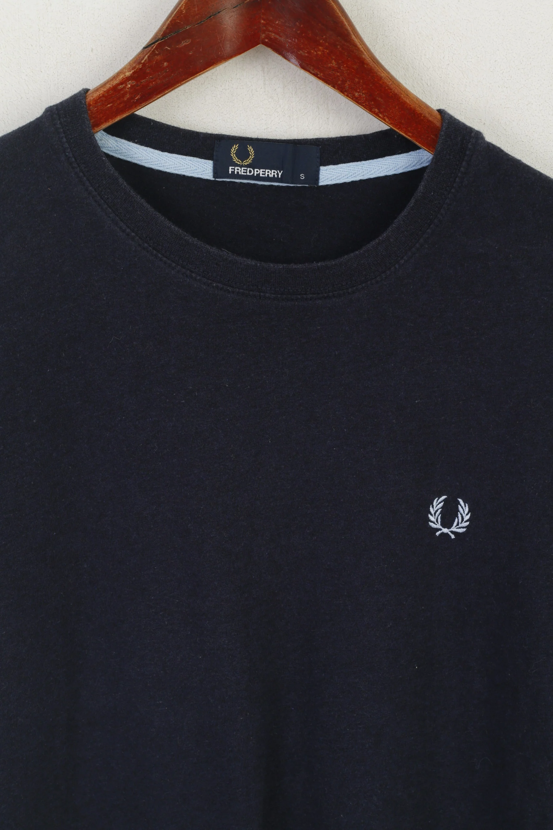 Fred Perry Men S Shirt Navy Cotton Plain Crew Neck Logo Classic Top - Image 2