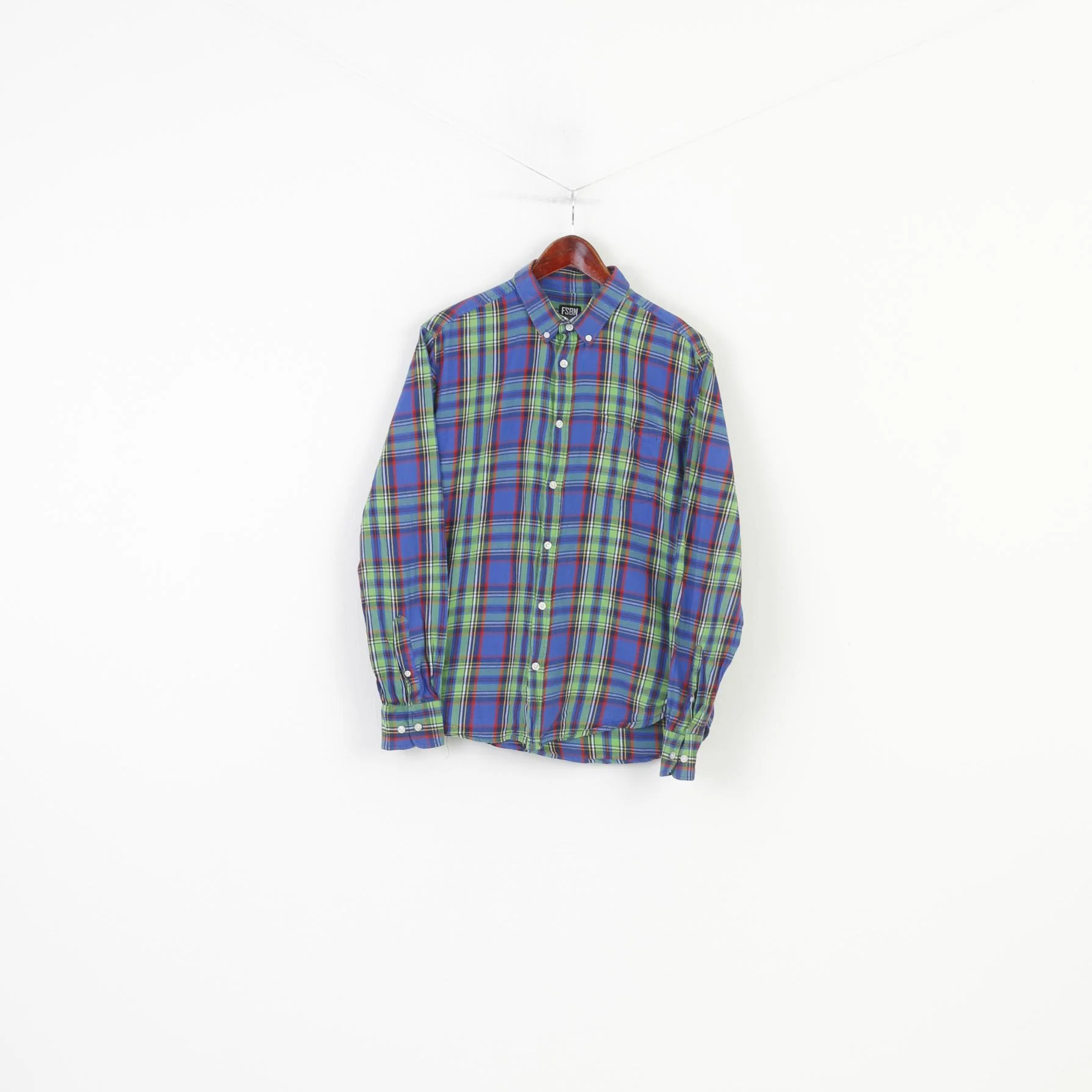 FSBN Men L (M) Casual Shirt Blue Checkered Fit Buttons Collar Cotton Classic Long Sleeve Top