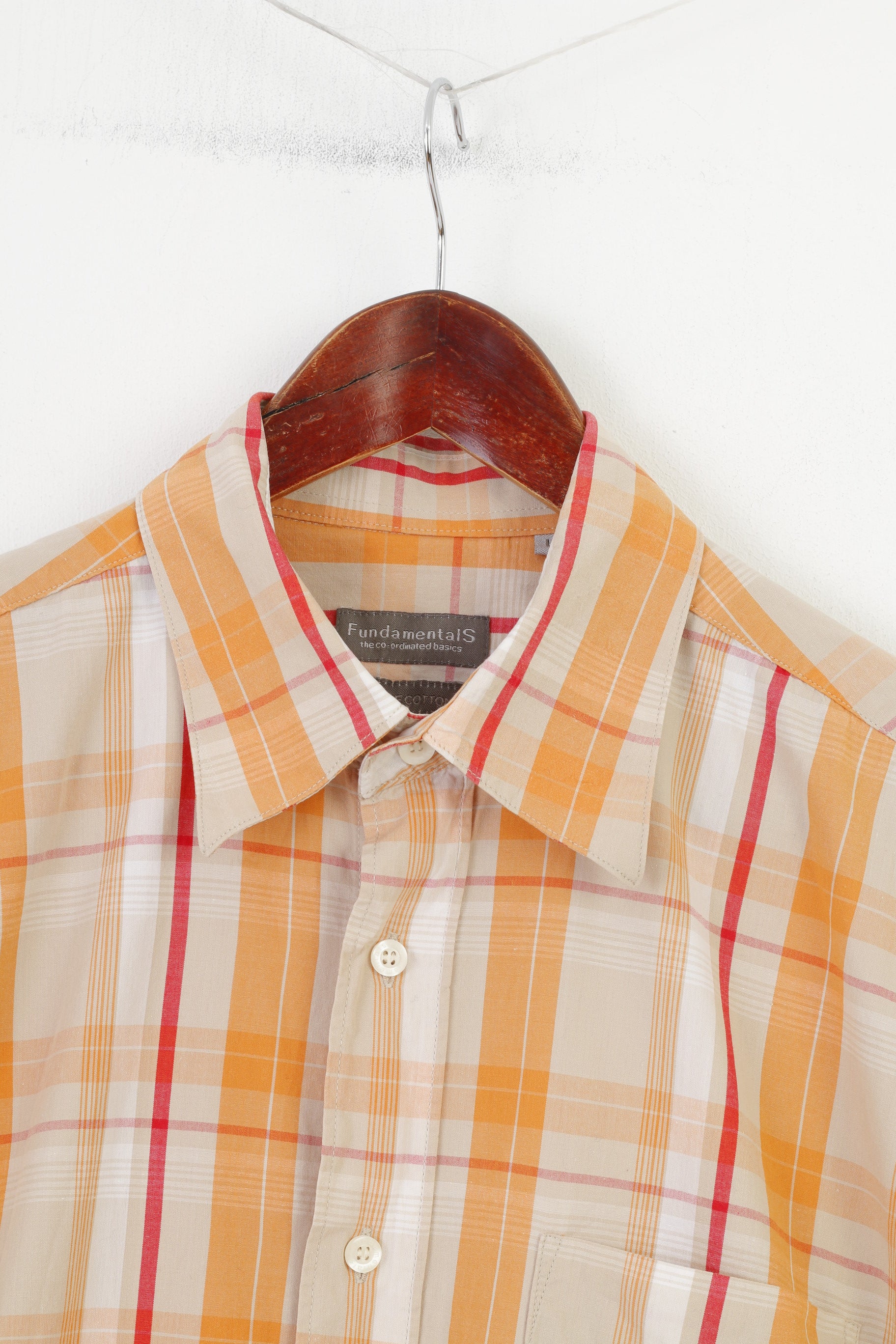 Fundamentals Men L Casual Shirt Checkered Orange Short Sleeve Cotton Collar Top - Image 2
