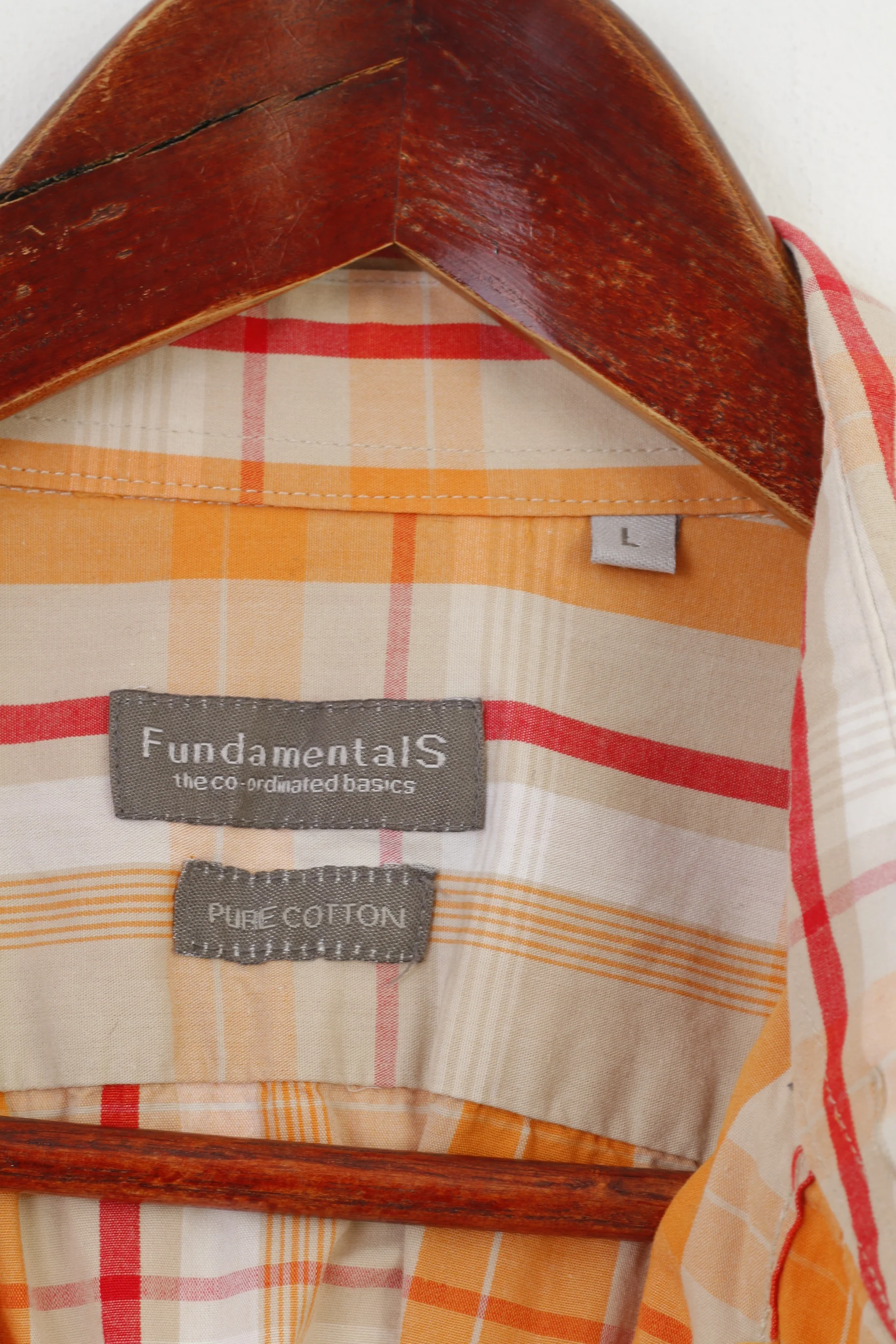 Fundamentals Men L Casual Shirt Checkered Orange Short Sleeve Cotton Collar Top - Image 4