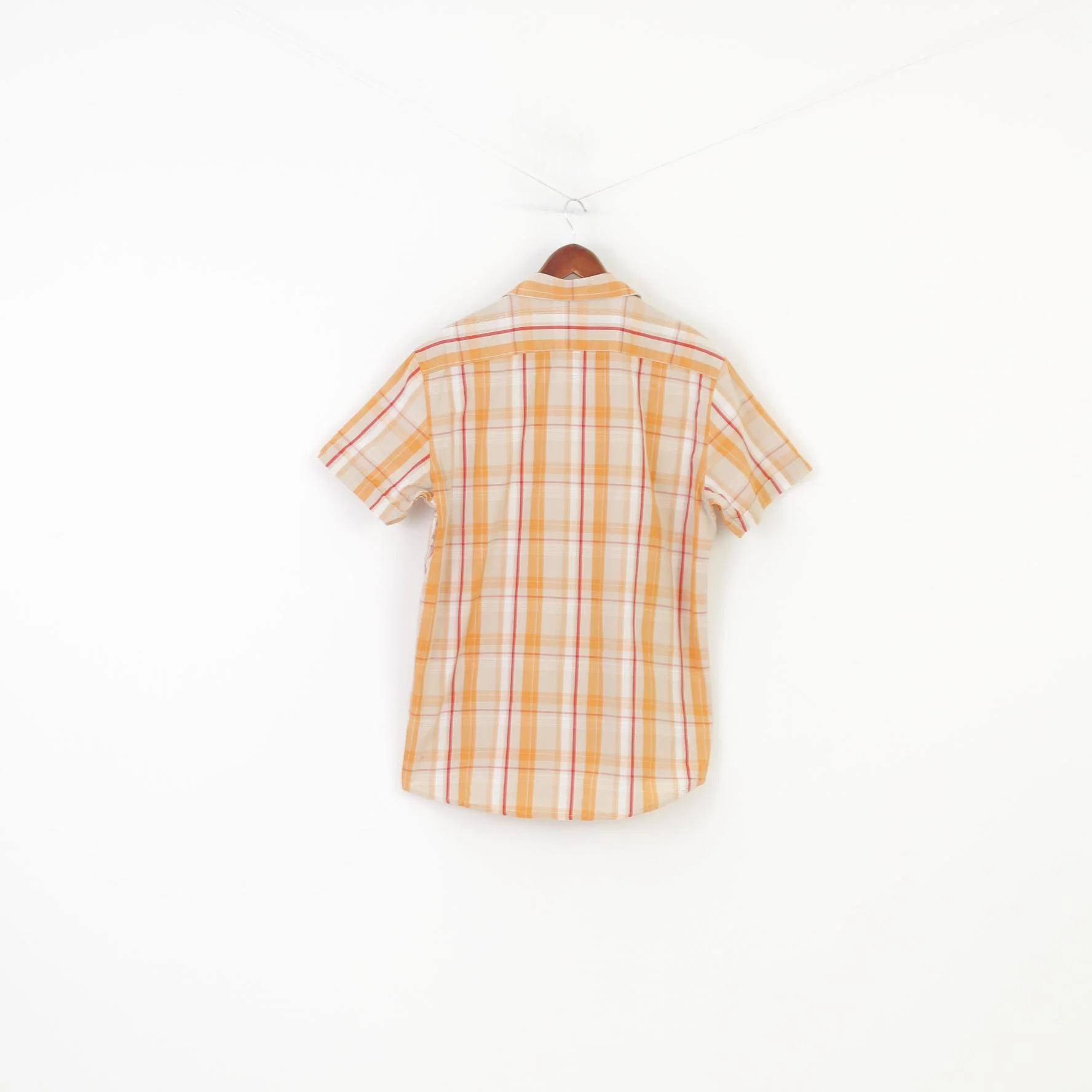 Fundamentals Men L Casual Shirt Checkered Orange Short Sleeve Cotton Collar Top - Image 6