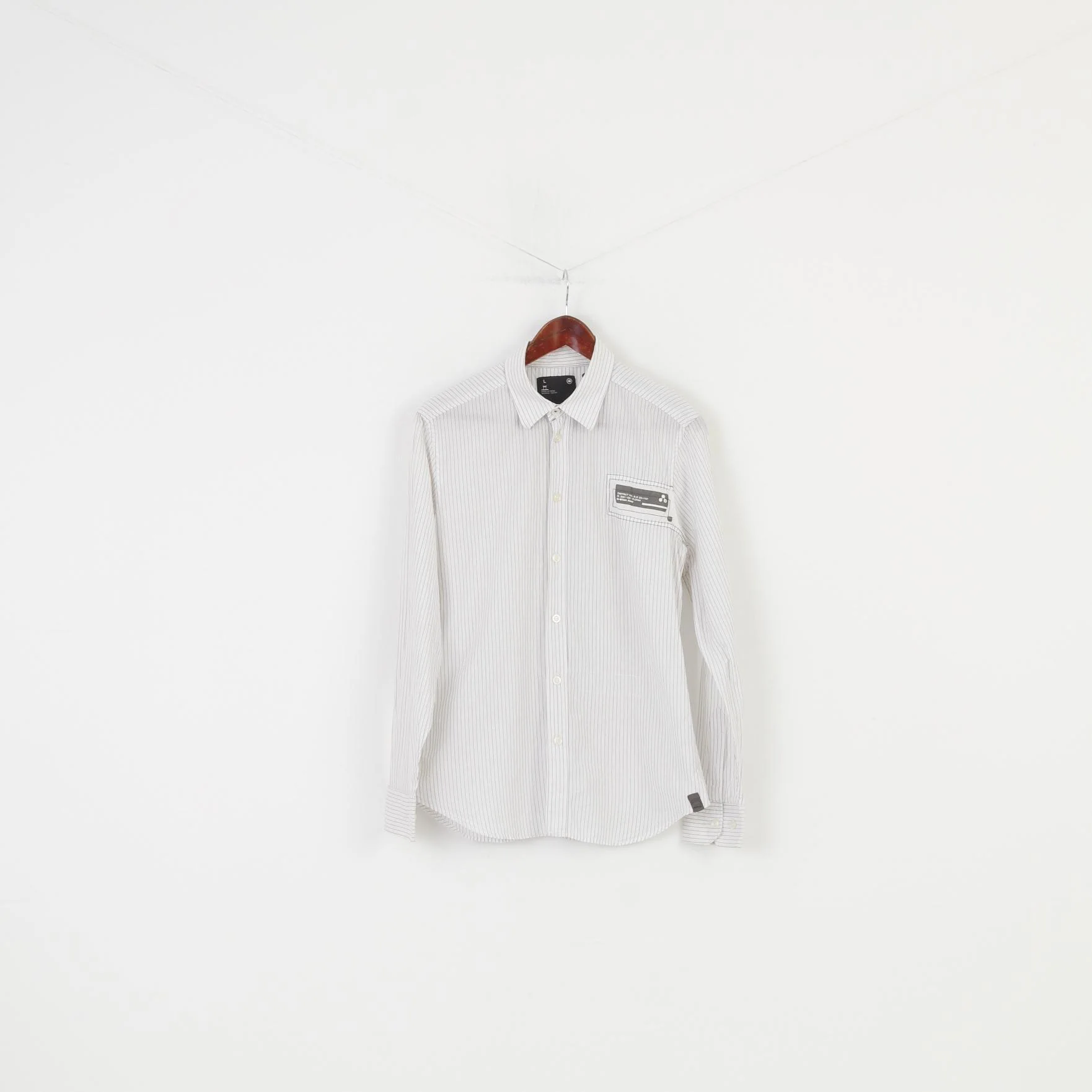 G-Star Men L Casual Shirt Striped White Long Sleeve Cotton Elegant Top