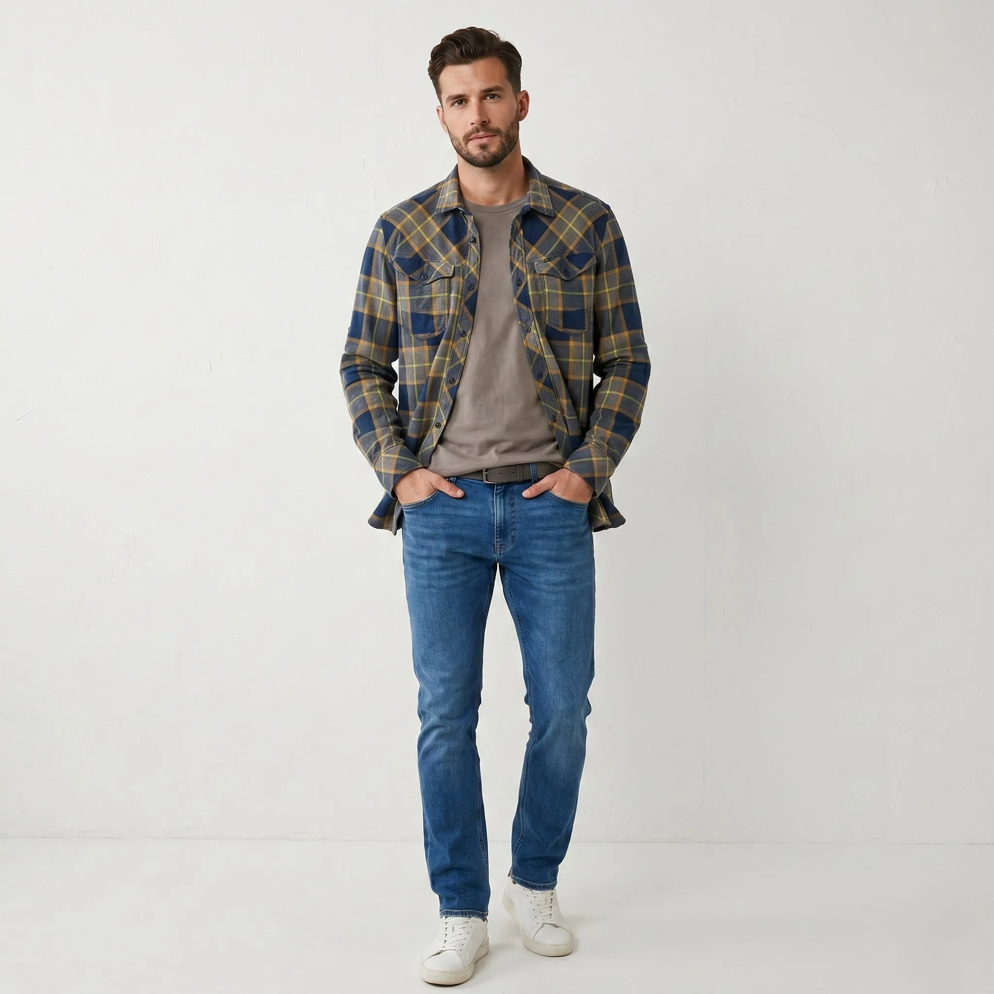 G-STAR RAW Men L Casual Shirt Navy Check Cotton Arc 3D Long Sleeve Top
