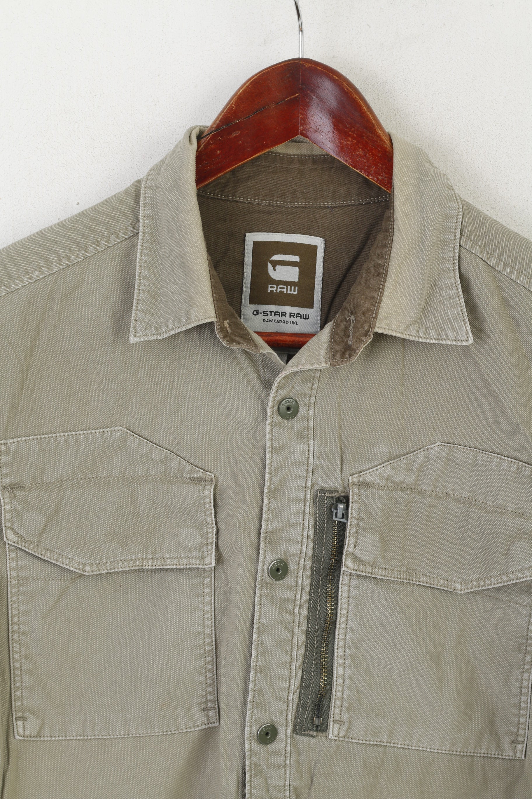 G-Star Raw Men M Casual Shirt Khaki Cotton Military Snap Pockets Cargo Line Top - Image 2