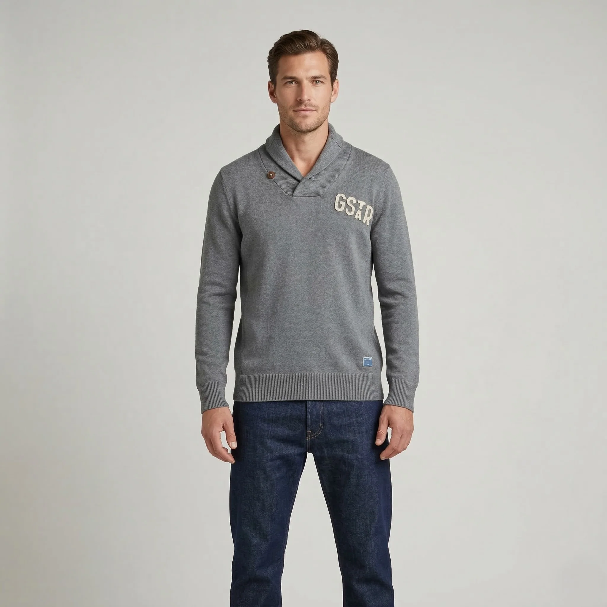 G-Star Raw Mens XL (L) Jumper Grey Cotton Sterling Shawl Coll Knit Sweater