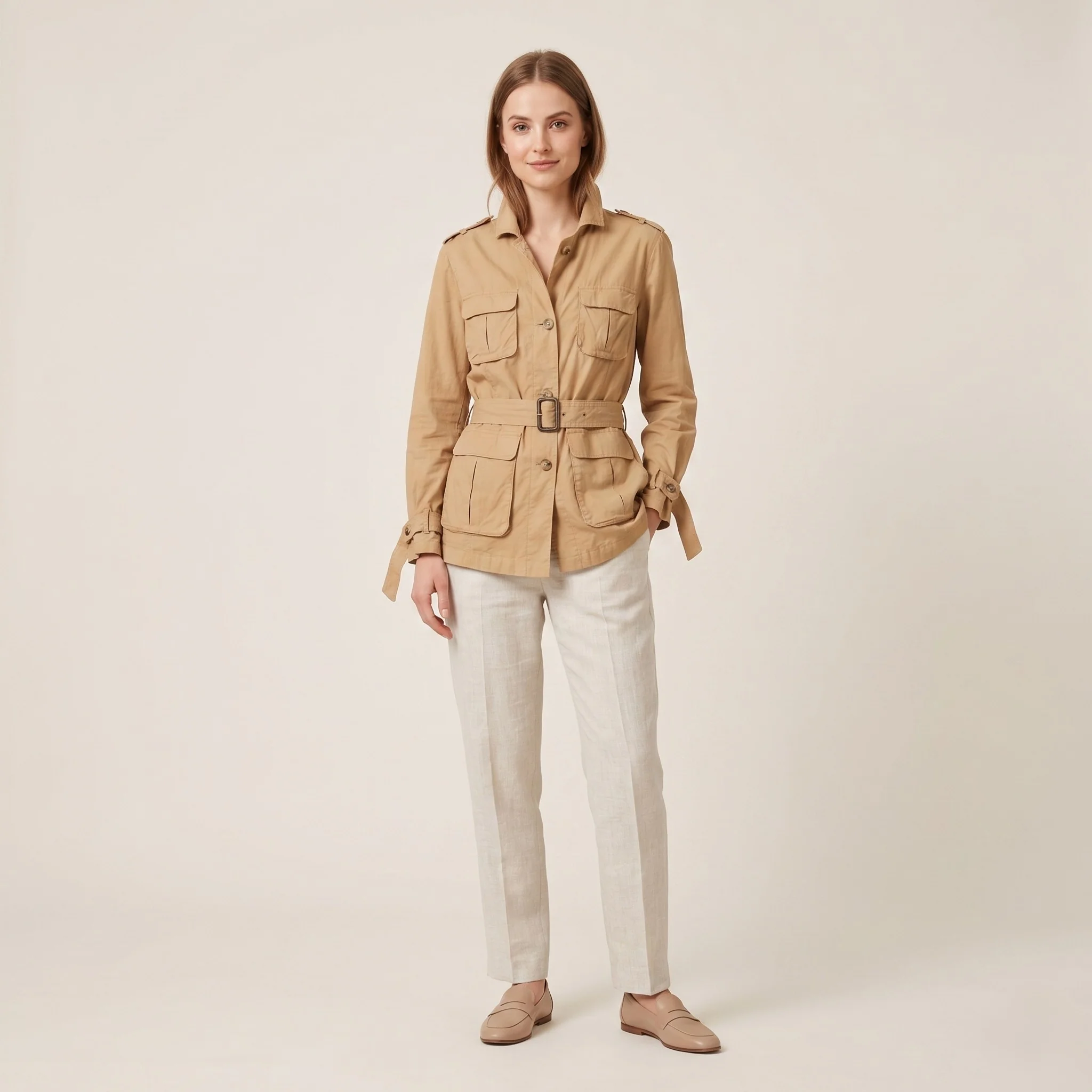 GANT Collection Women 42 16 M Jacket Camel 100% Linen Belted Lightweight Top