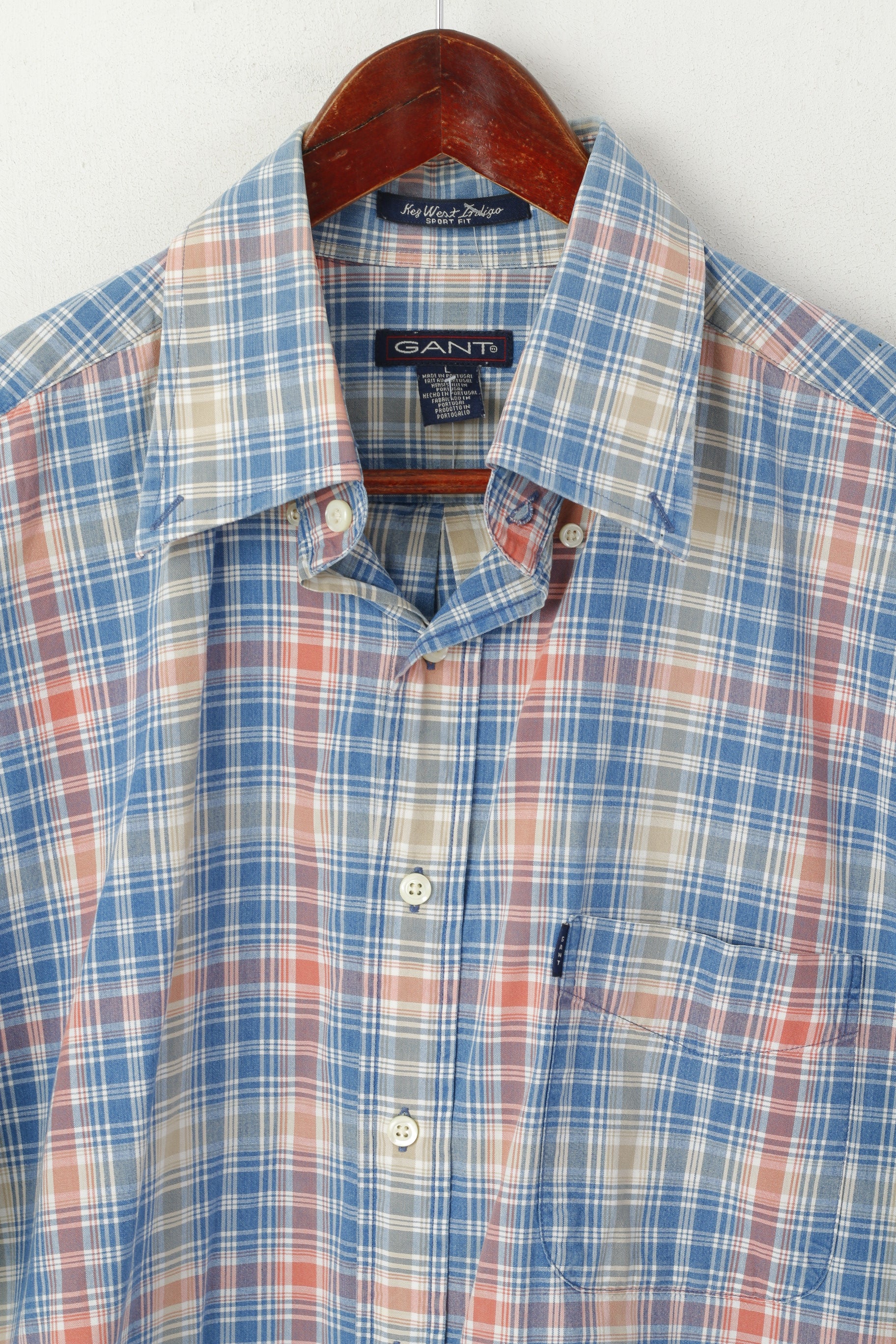 Gant Men L Casual Shirt Blue Check Key West Indigo Sport Fit Short Sleeve Top - Image 3