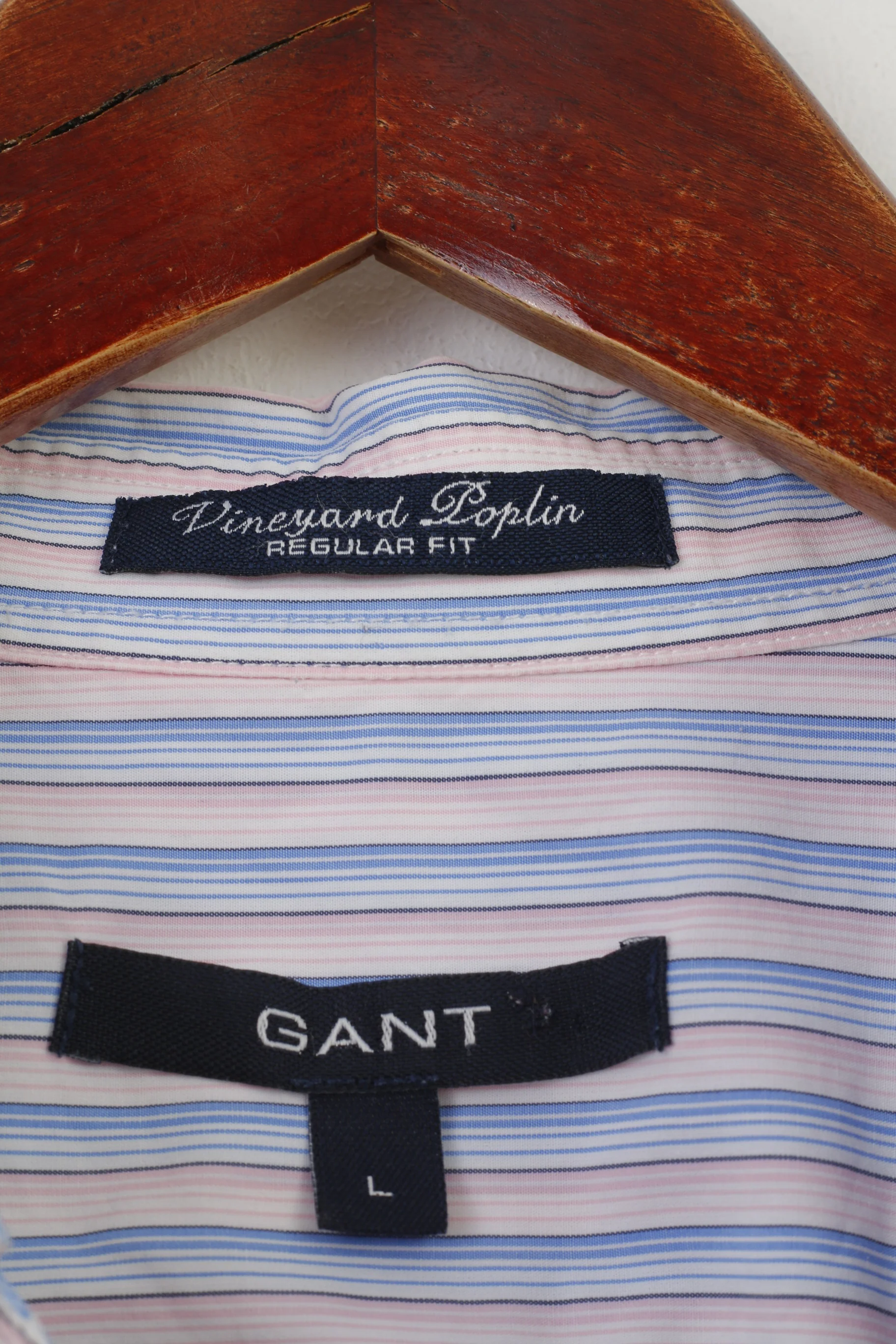 Gant Men L Casual Shirt Striped Blue Pink Regular Fit Collar Cotton Vineyard Poplin Top - Image 5