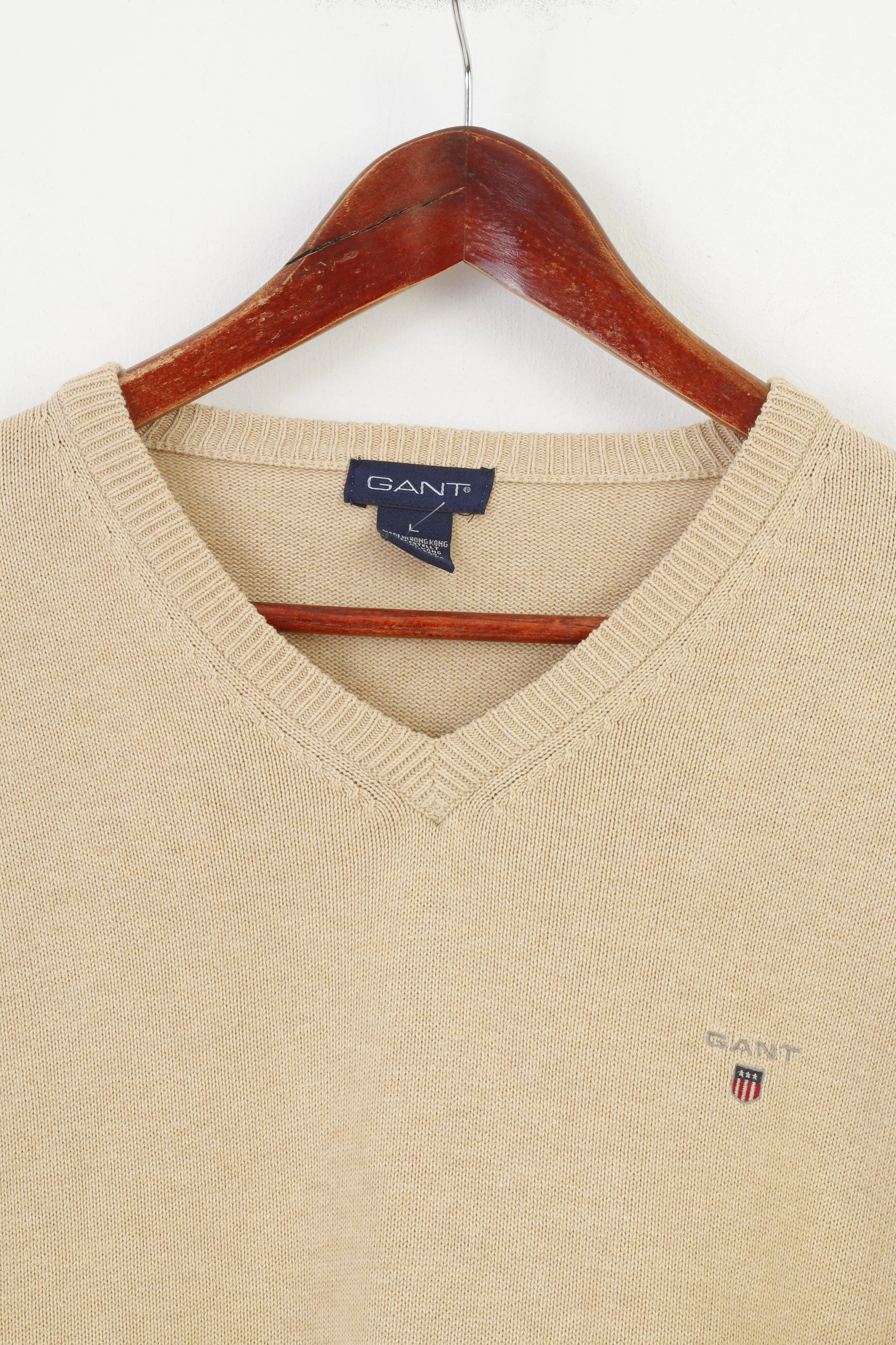 Gant Men L Jumper Beige Cotton V Neck Long Sleeve Classic Vintage Top - Image 2