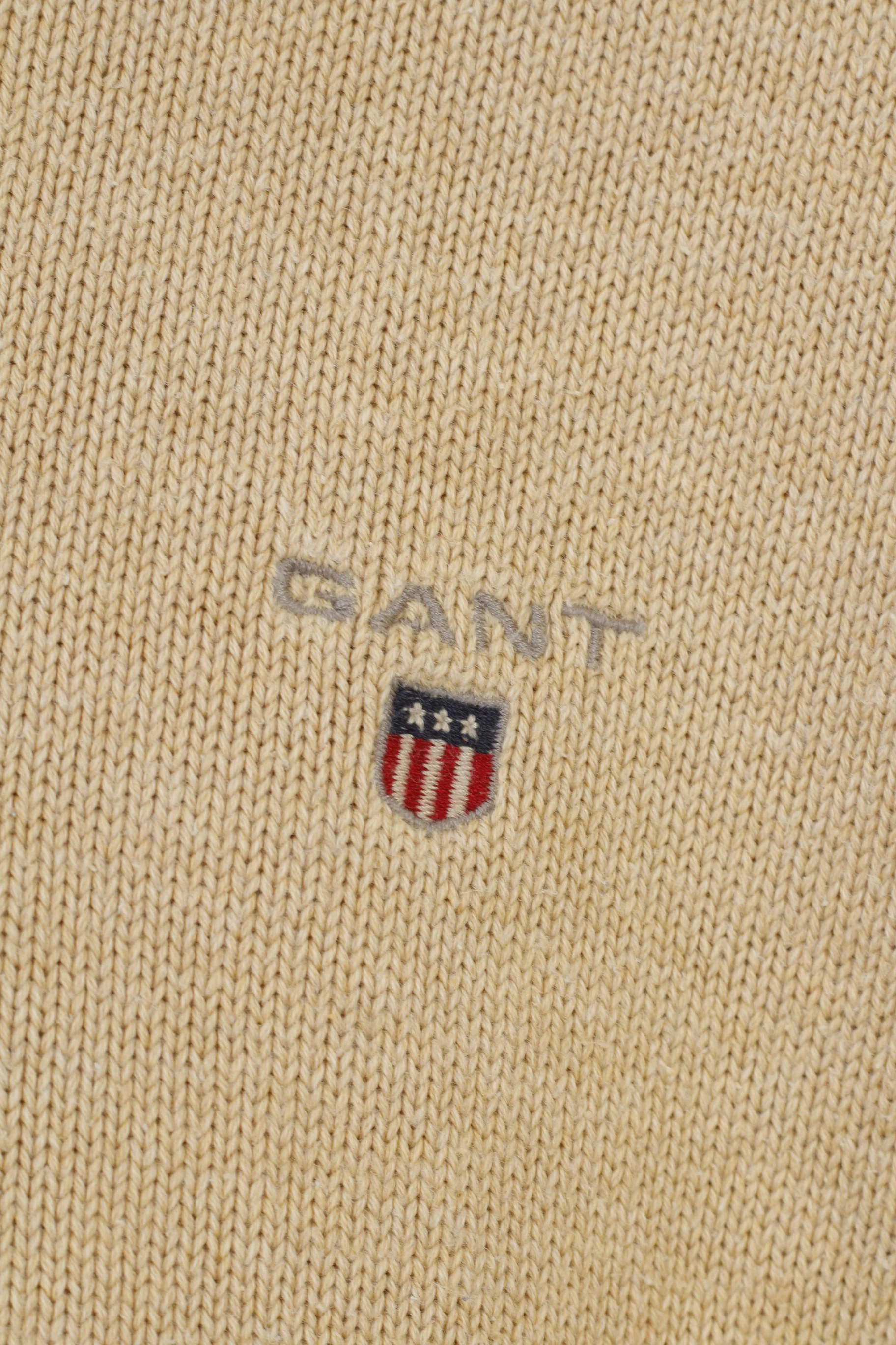 Gant Men L Jumper Beige Cotton V Neck Long Sleeve Classic Vintage Top - Image 4