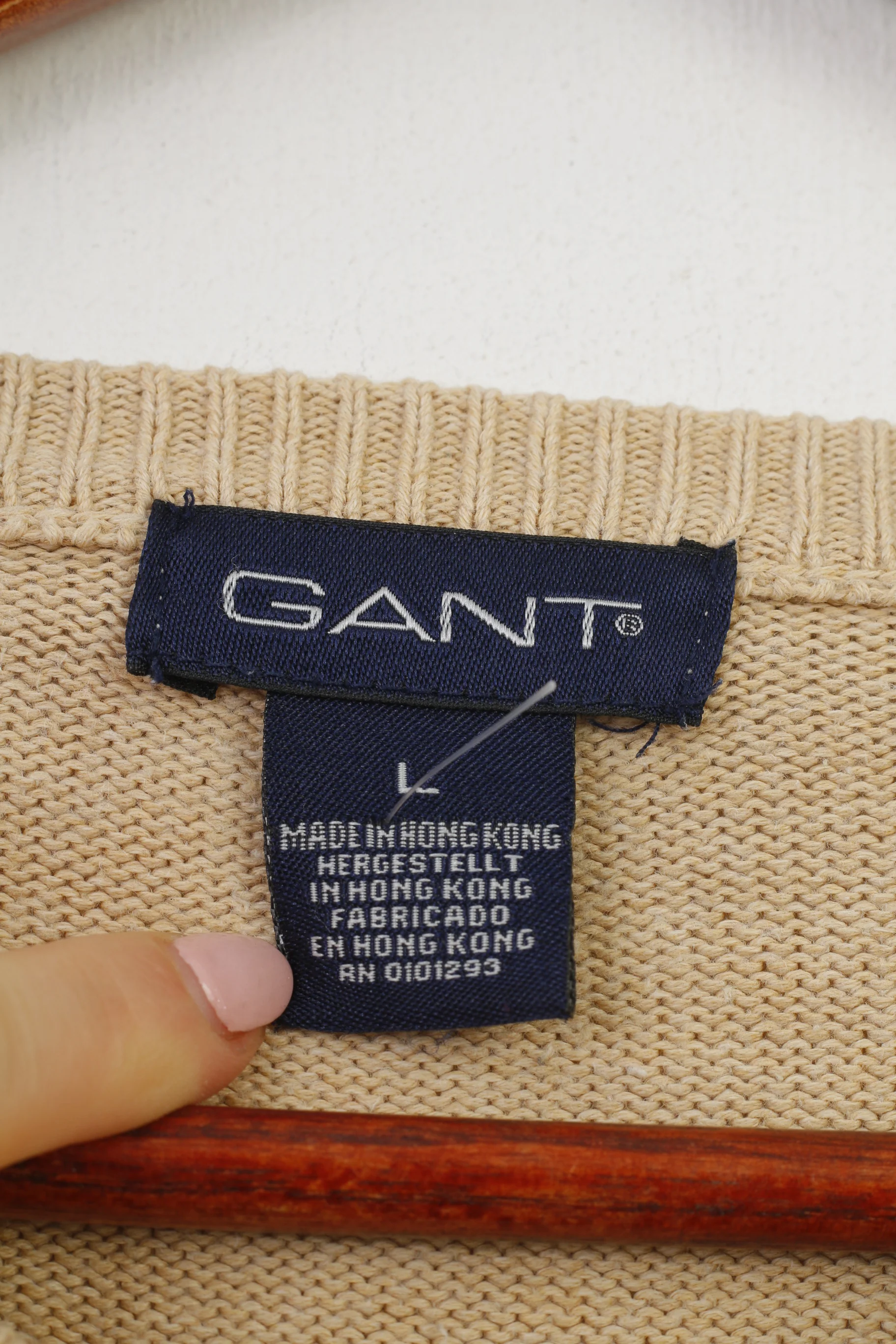 Gant Men L Jumper Beige Cotton V Neck Long Sleeve Classic Vintage Top - Image 5