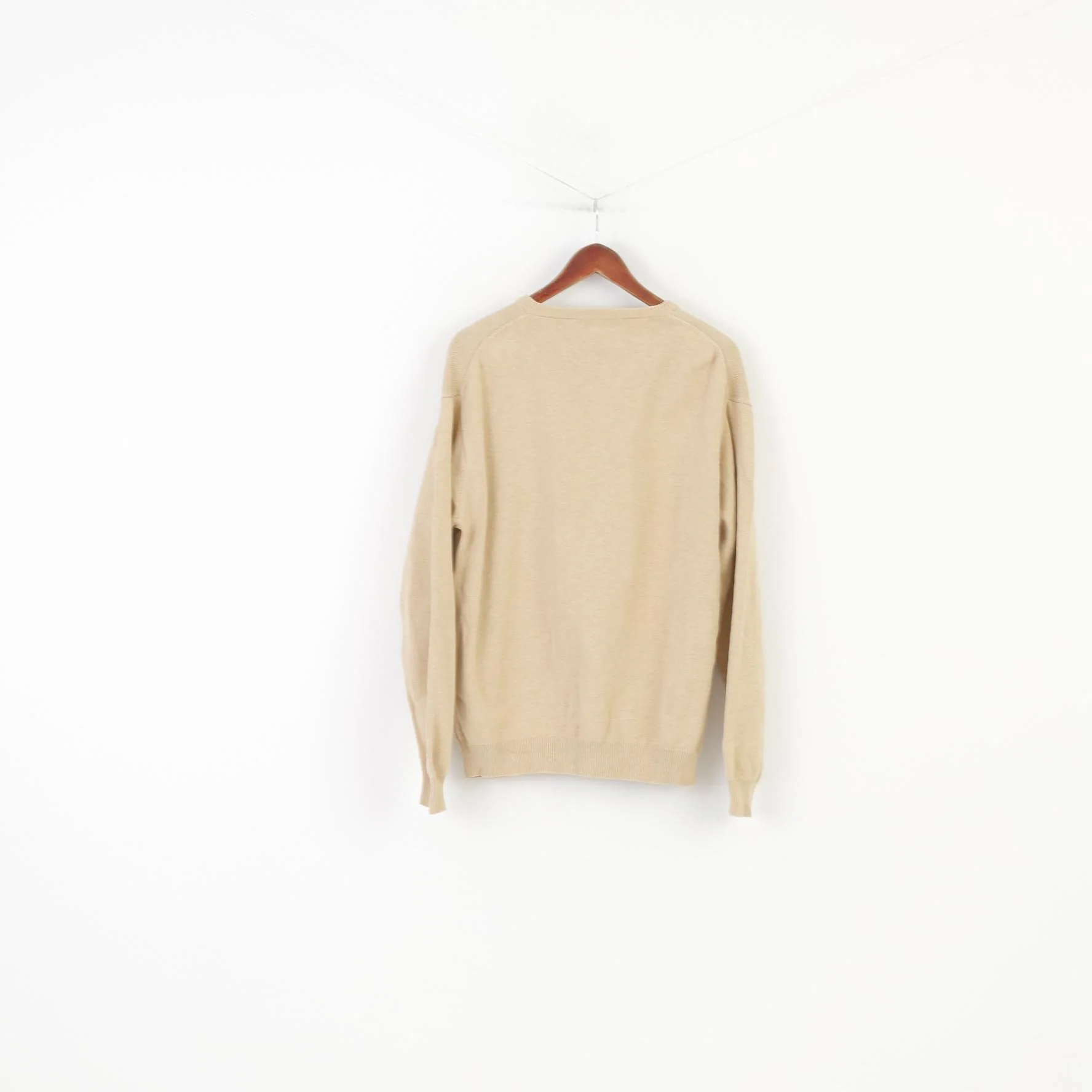 Gant Men L Jumper Beige Cotton V Neck Long Sleeve Classic Vintage Top - Image 8