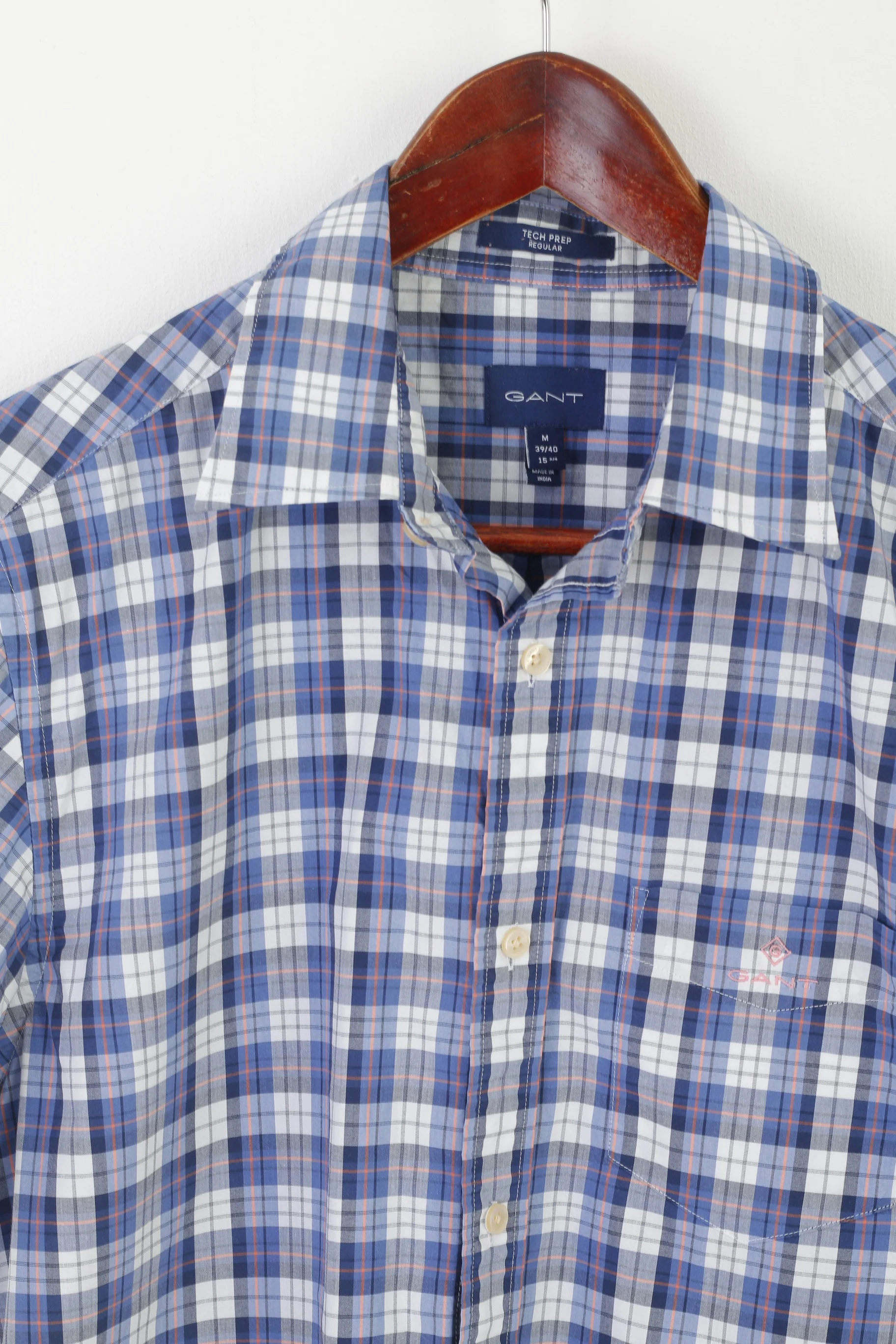 GANT Men M Casual Shirt Blue Check Cotton Short Sleeve Tech Prep Regular Top - Image 2