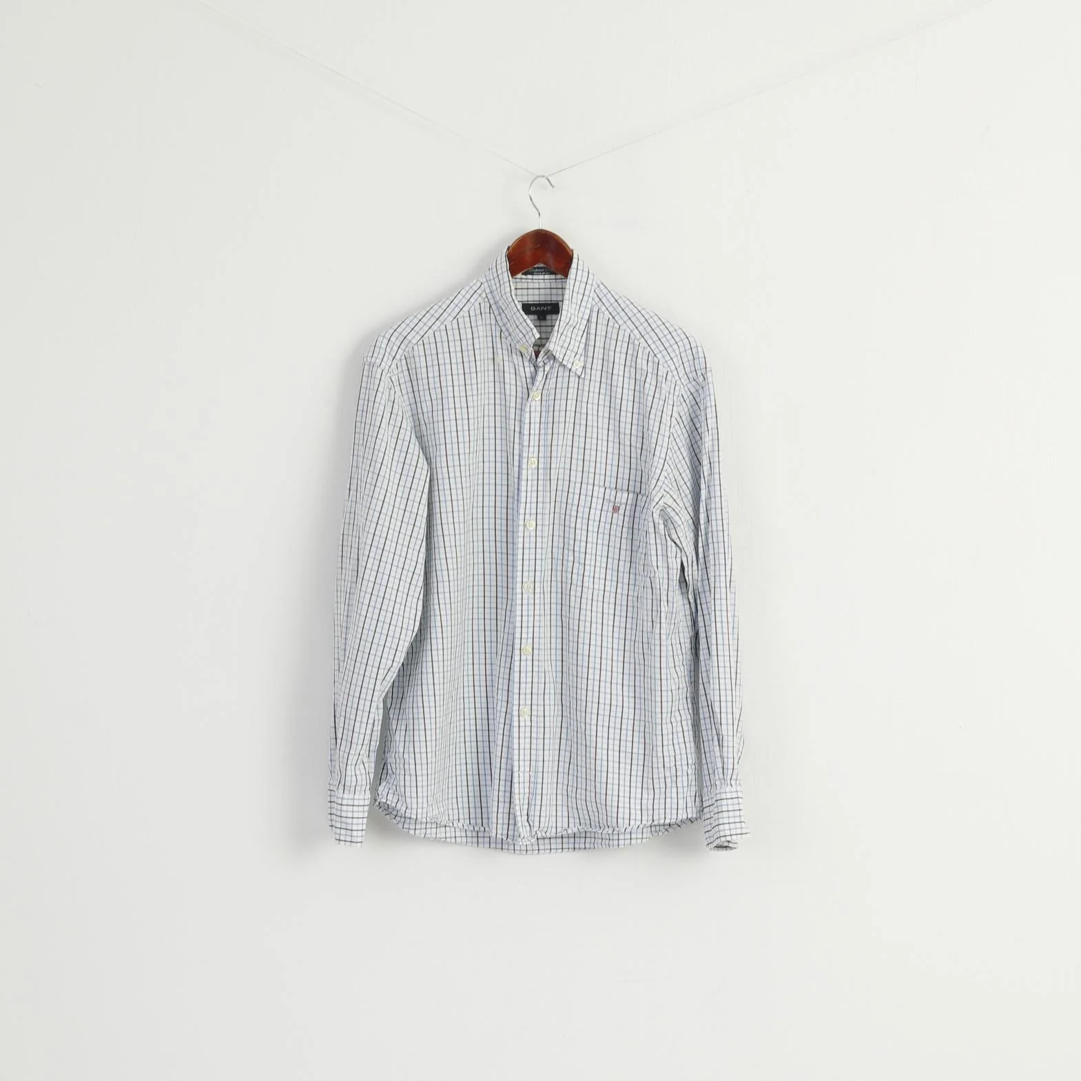 GANT Men M Casual Shirt White Blue Check Pinpoint Twill Regular Fit Top