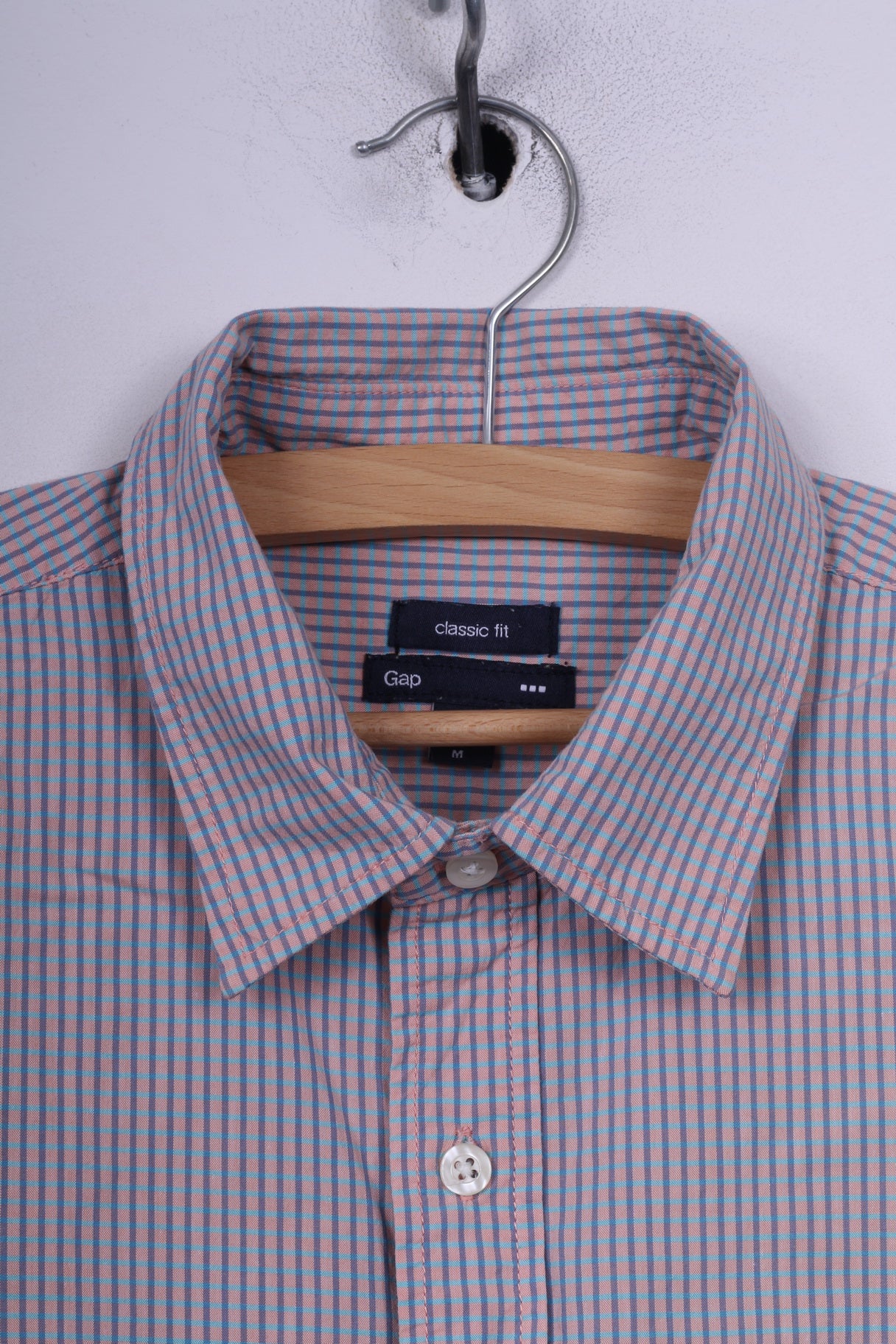 Gap Mens M Casual Shirt Short Sleeve Classic Fit Mini Check Tibtan Rose Summer Top - Image 2