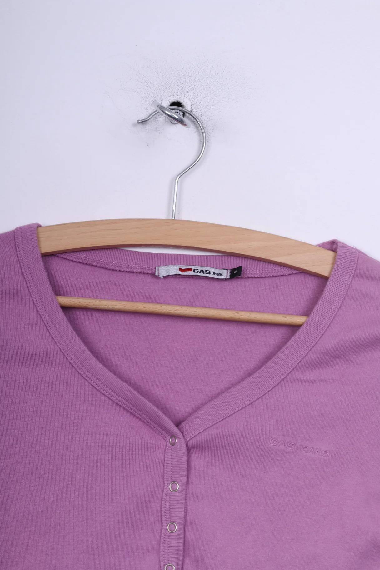 Gas Jeans Womens S Shirt Lilac Long Sleeve V Neck Cotton Popper Button - Image 2