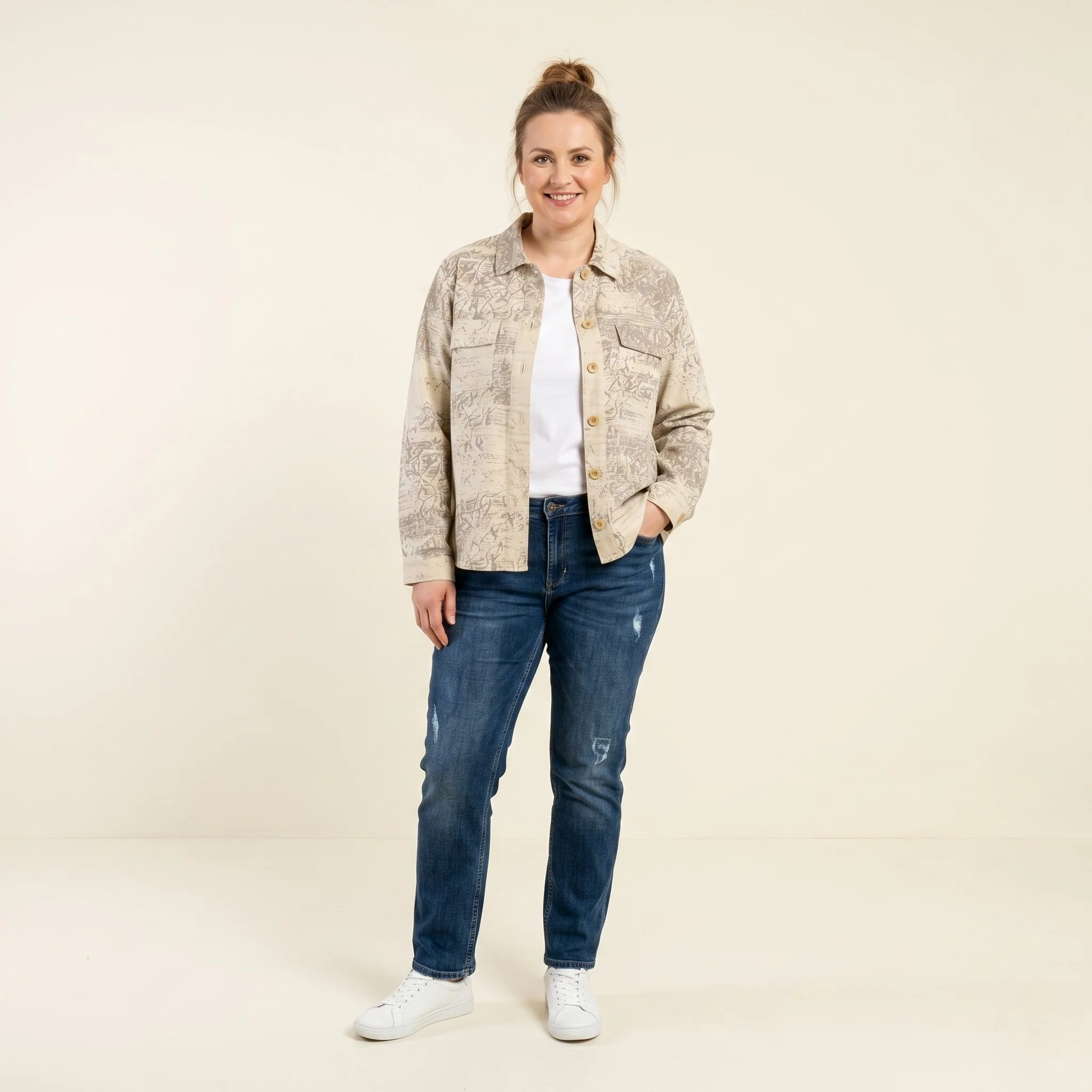 Gerry Weber Women 14 40 L Blazer Beige Cotton Western Printed Buttoned Country Collar Vintage Jacket
