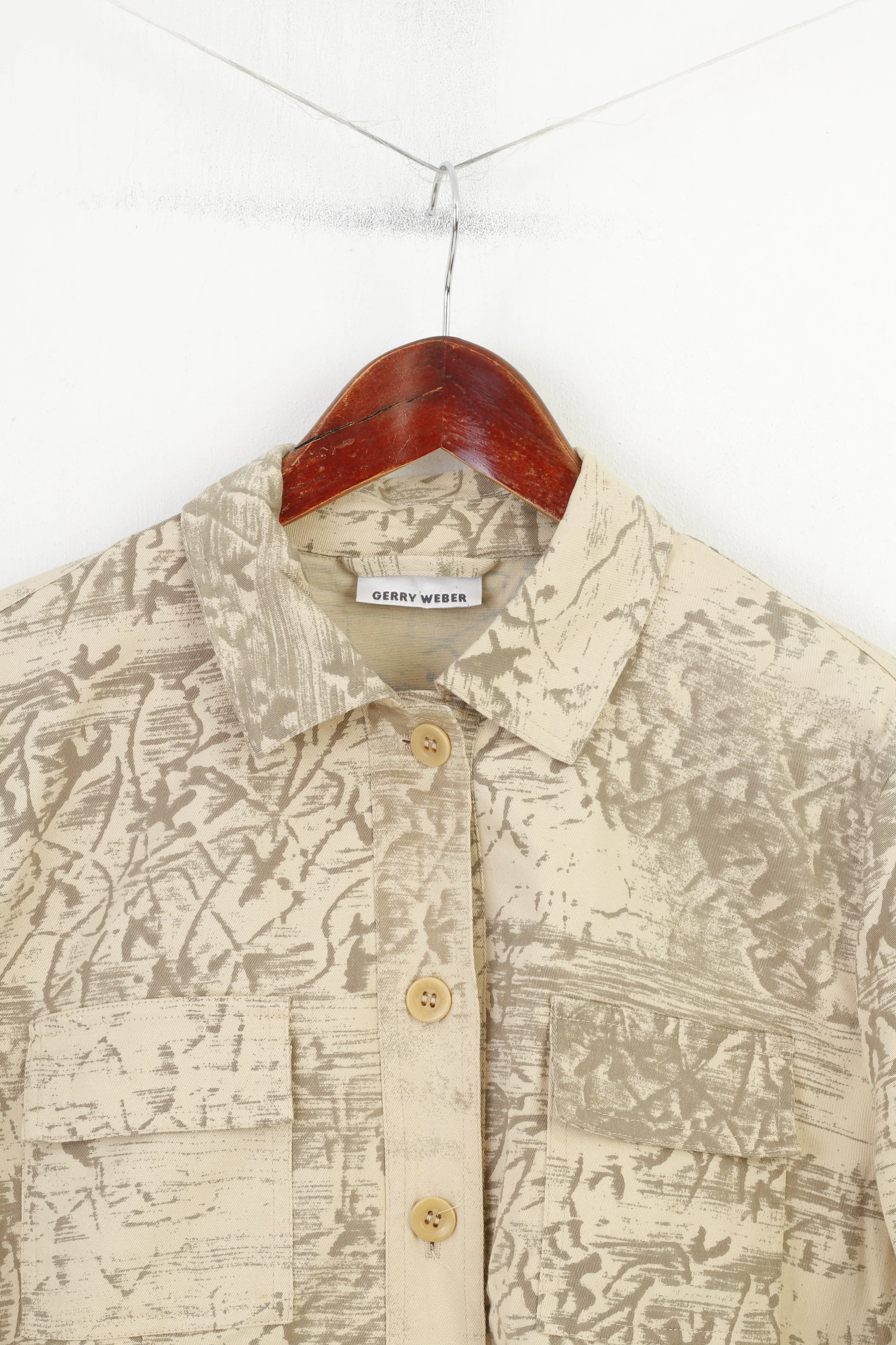 Gerry Weber Women 14 40 L Blazer Beige Cotton Western Printed Buttoned Country Collar Vintage Jacket - Image 3