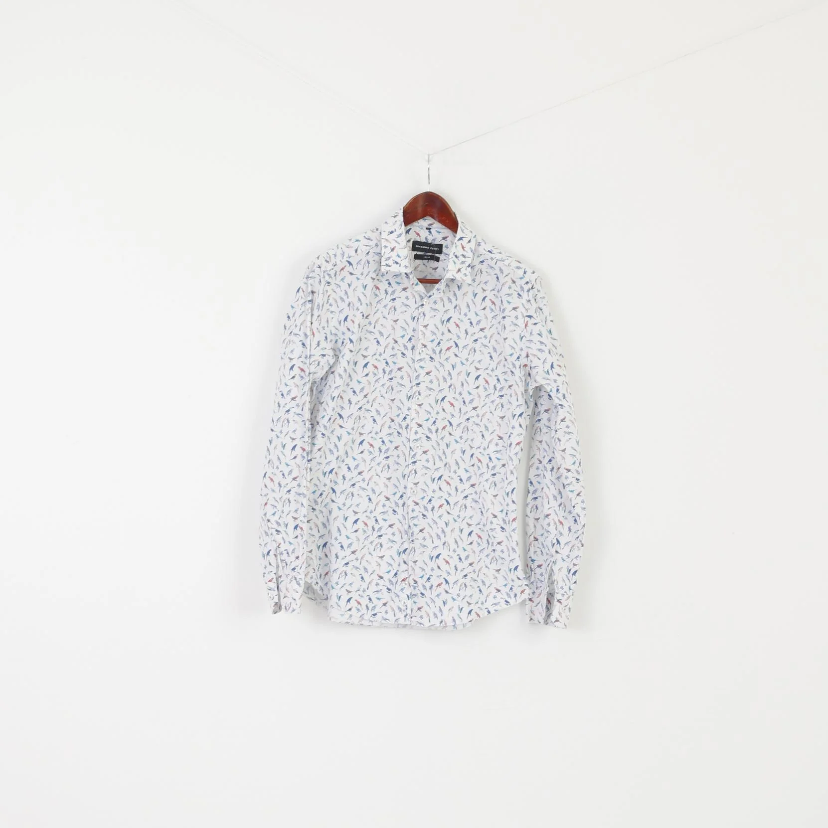 Giacomo Conti Men S Casual Shirt White Cotton Slim Fit Birds Printed Long Sleeve Top