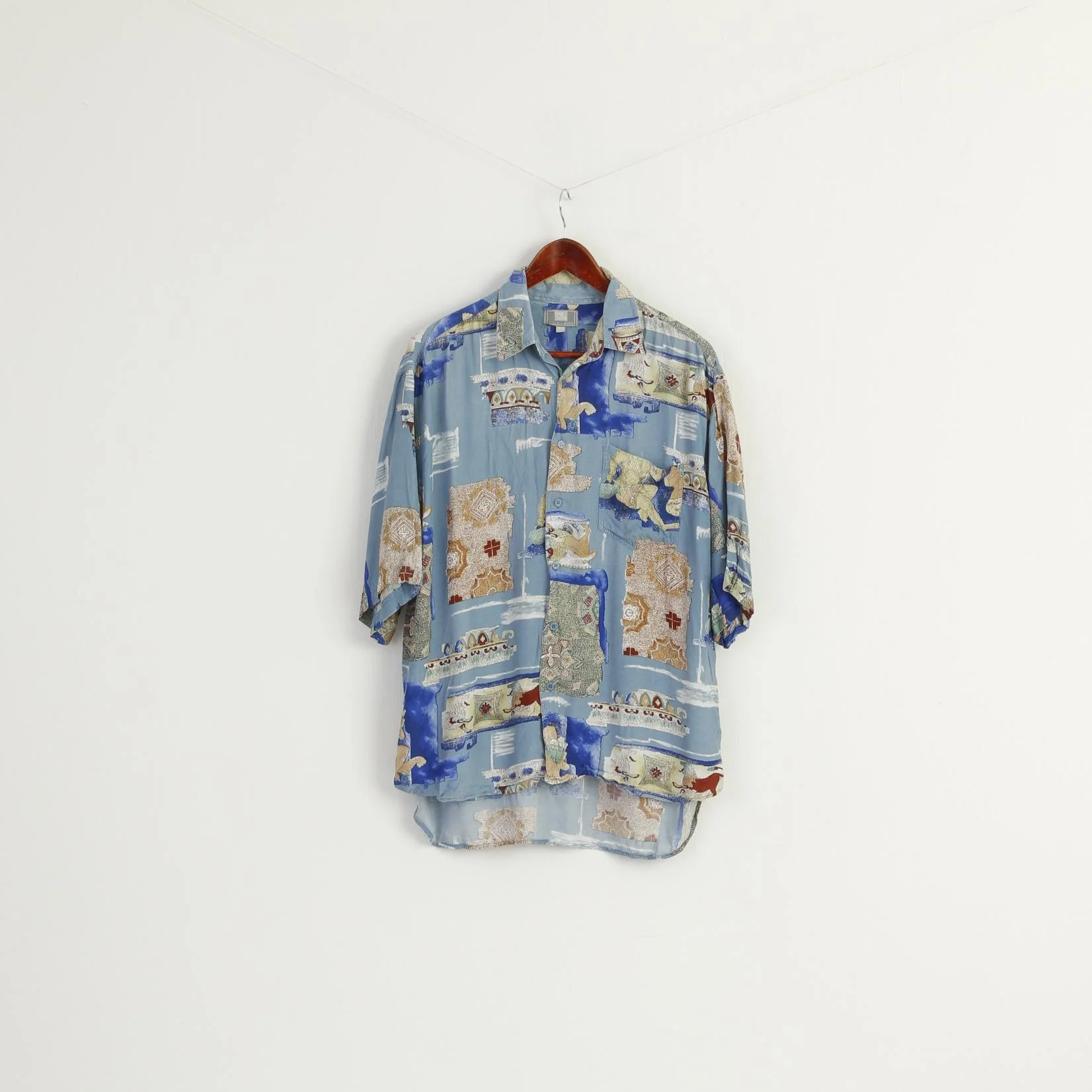 Globe Trotter Men XL Casual Shirt Blue Soft Cotton Vintage Printed Pocket Top