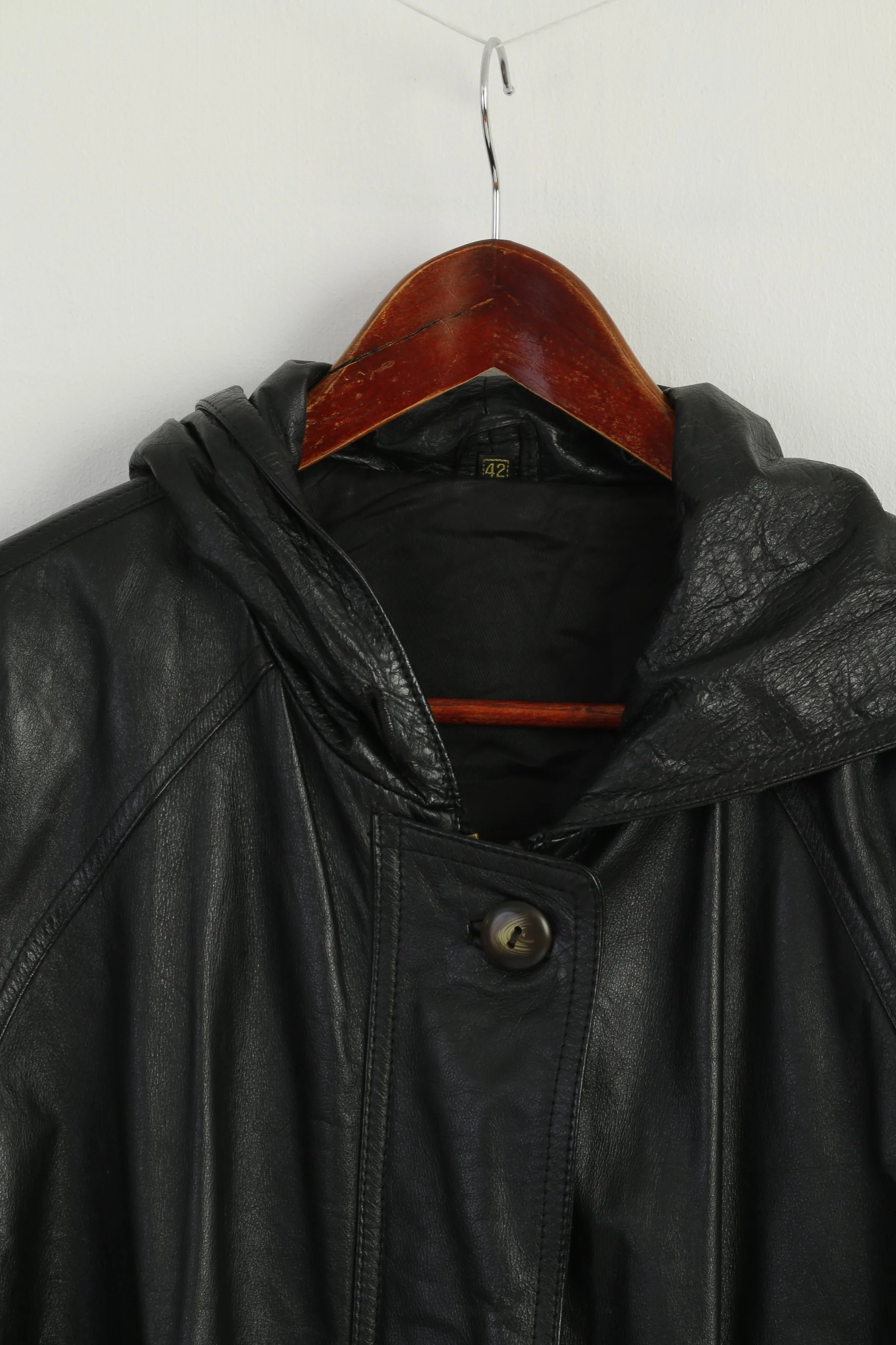 Vintage Women 42 L Leather Jacket Black Long Hooded Full Zipper Retro Oversize Top - Image 2