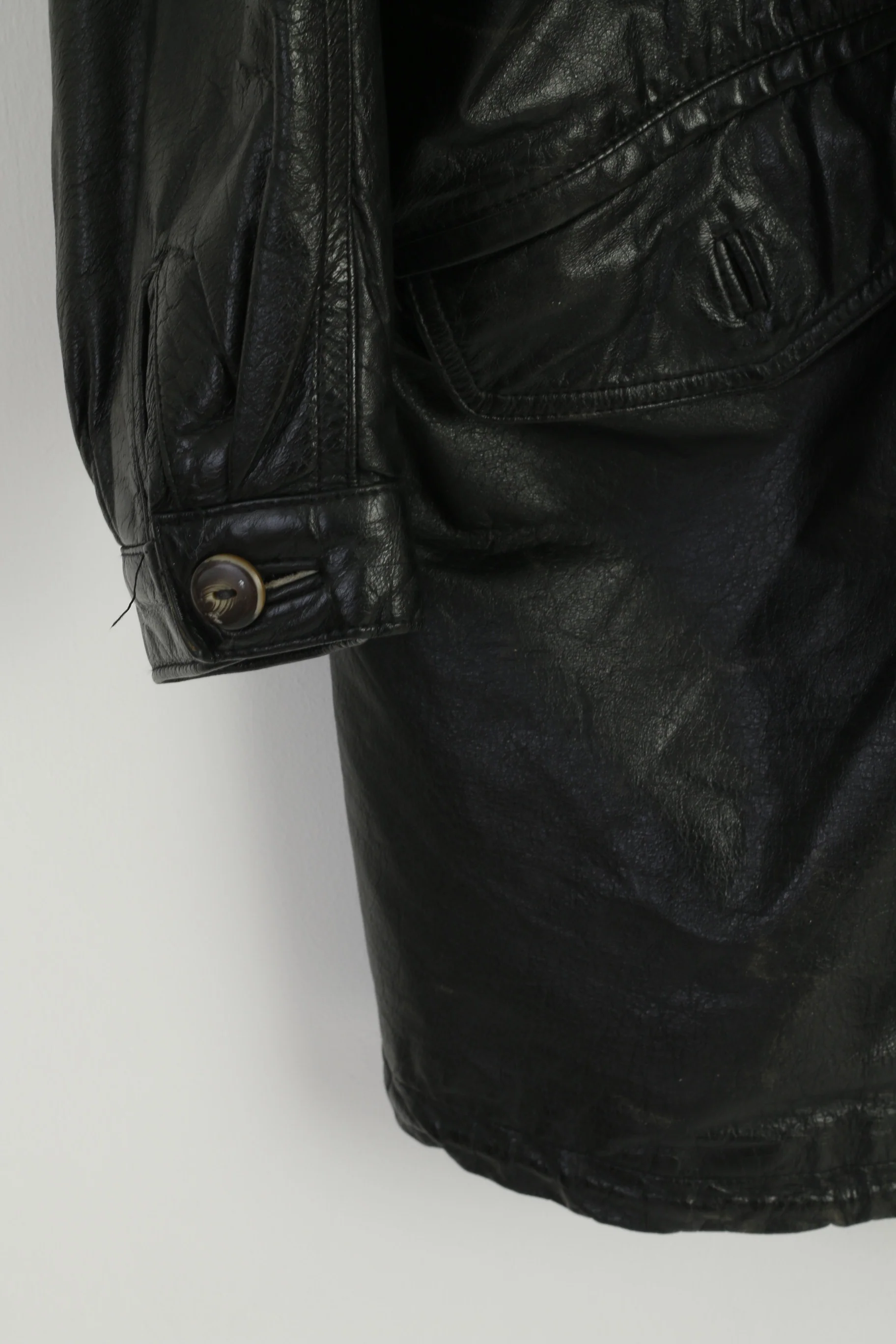 Vintage Women 42 L Leather Jacket Black Long Hooded Full Zipper Retro Oversize Top - Image 3