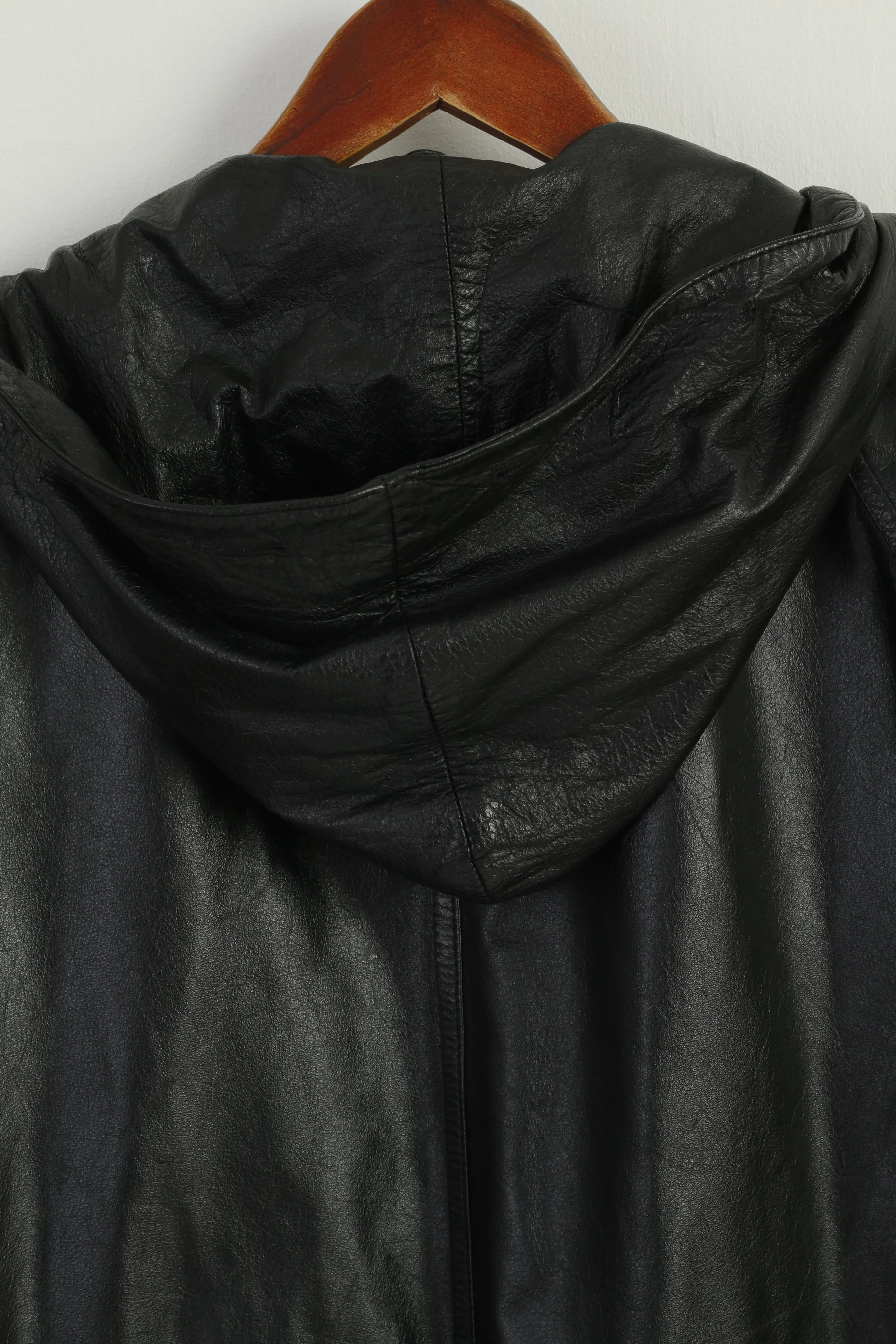 Vintage Women 42 L Leather Jacket Black Long Hooded Full Zipper Retro Oversize Top - Image 6