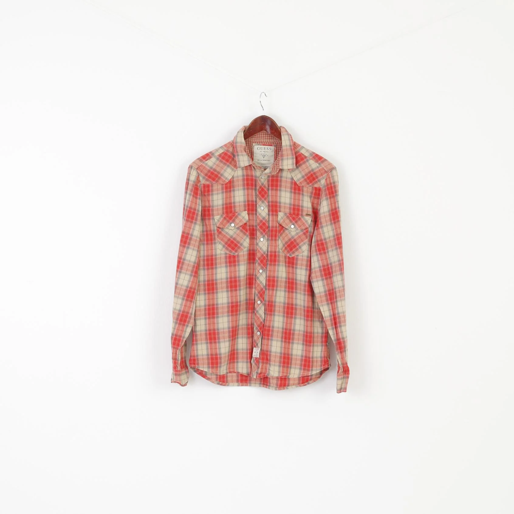 Guess Los Angeles Men M Casual Shirt Red Check Snaps Slim Fit Long Sleeve Cotton