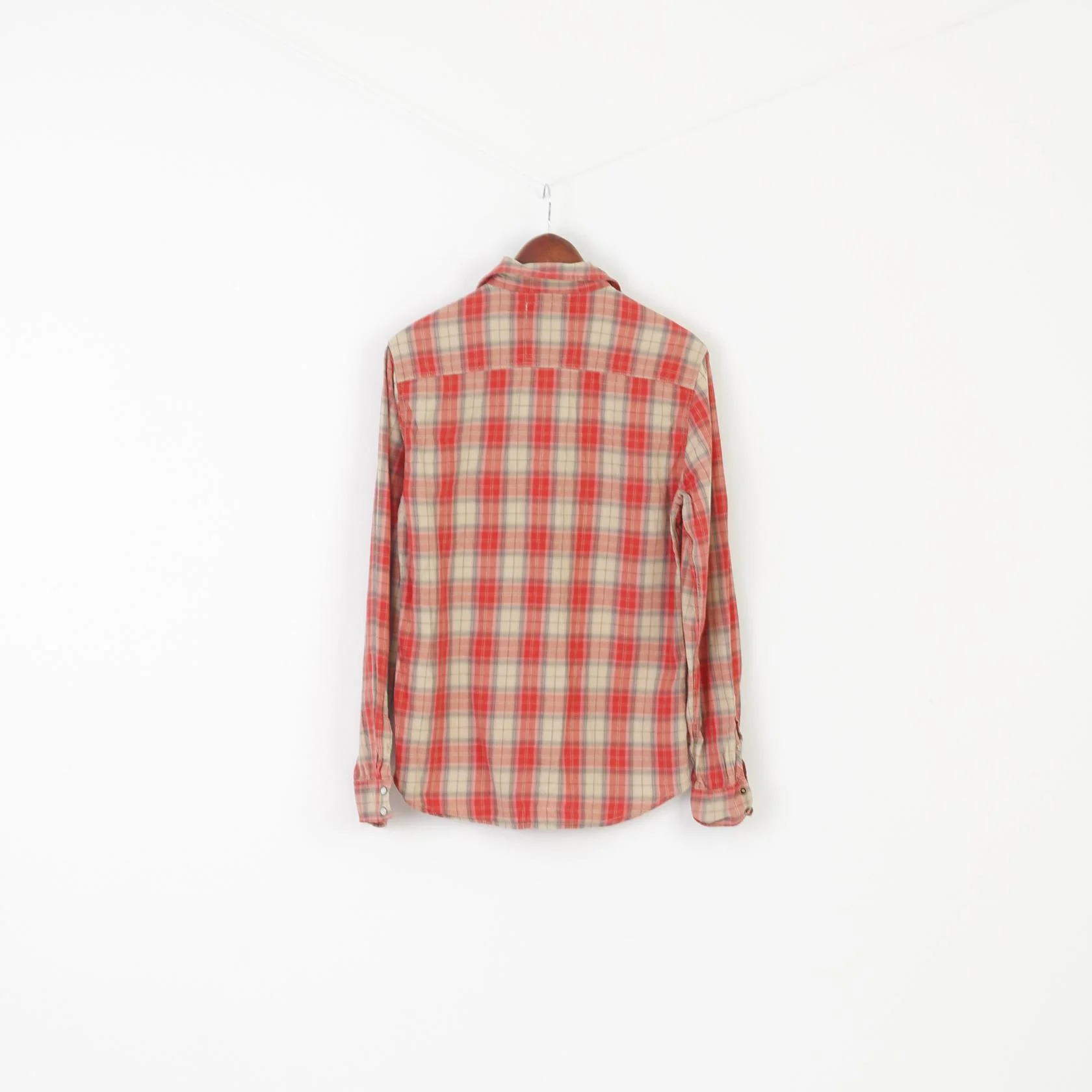 Guess Los Angeles Men M Casual Shirt Red Check Snaps Slim Fit Long Sleeve Cotton - Image 7