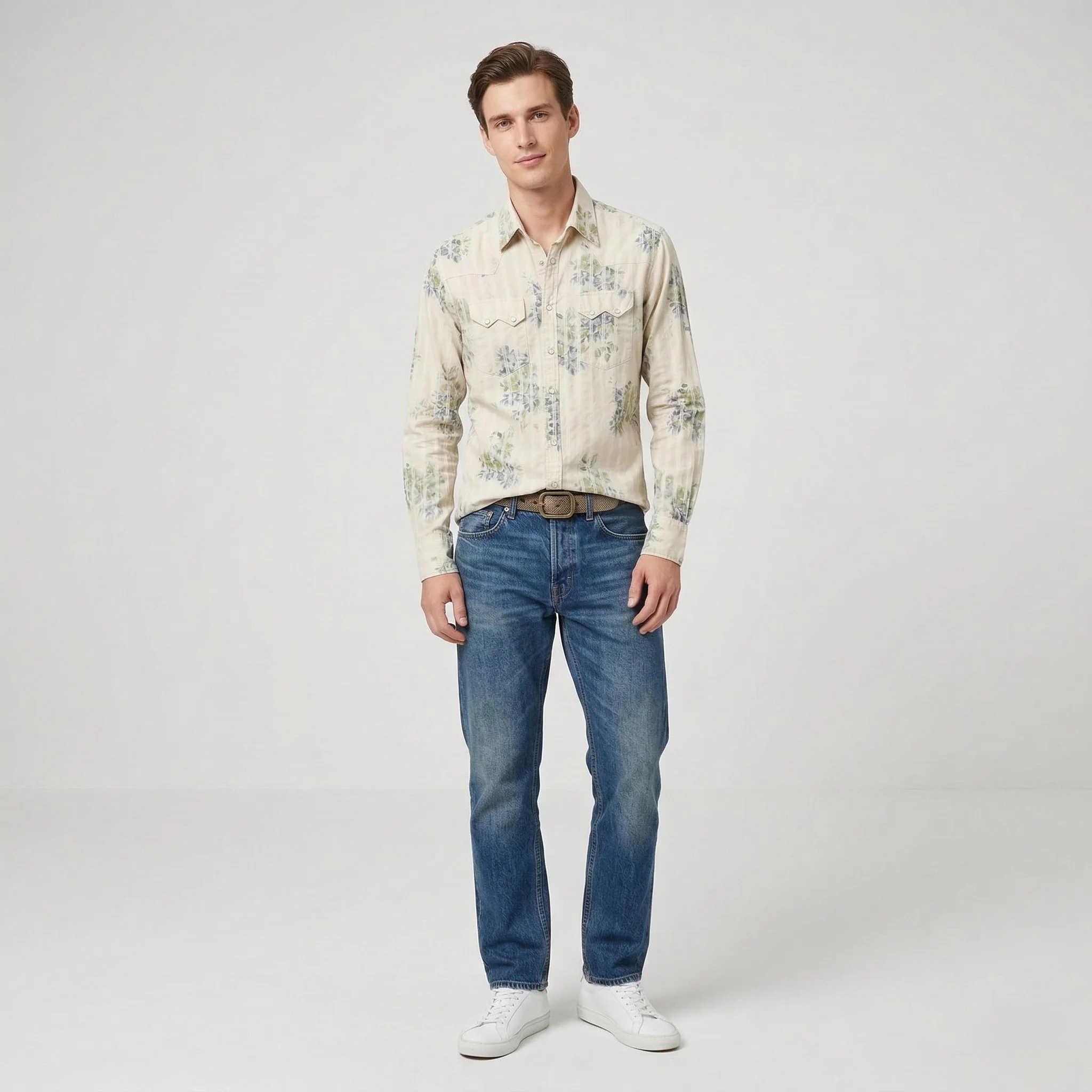 Guess Men S Casual Shirt Beige Floral Cotton Striped Vintage Long Sleeve Top