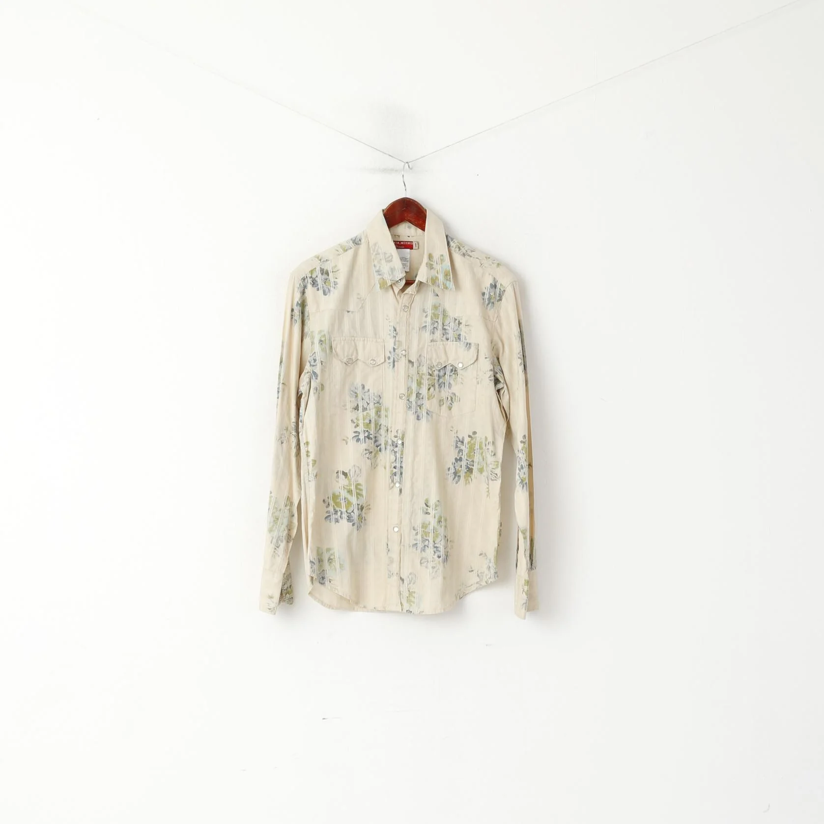 Guess Men S Casual Shirt Beige Floral Cotton Striped Vintage Long Sleeve Top - Image 2