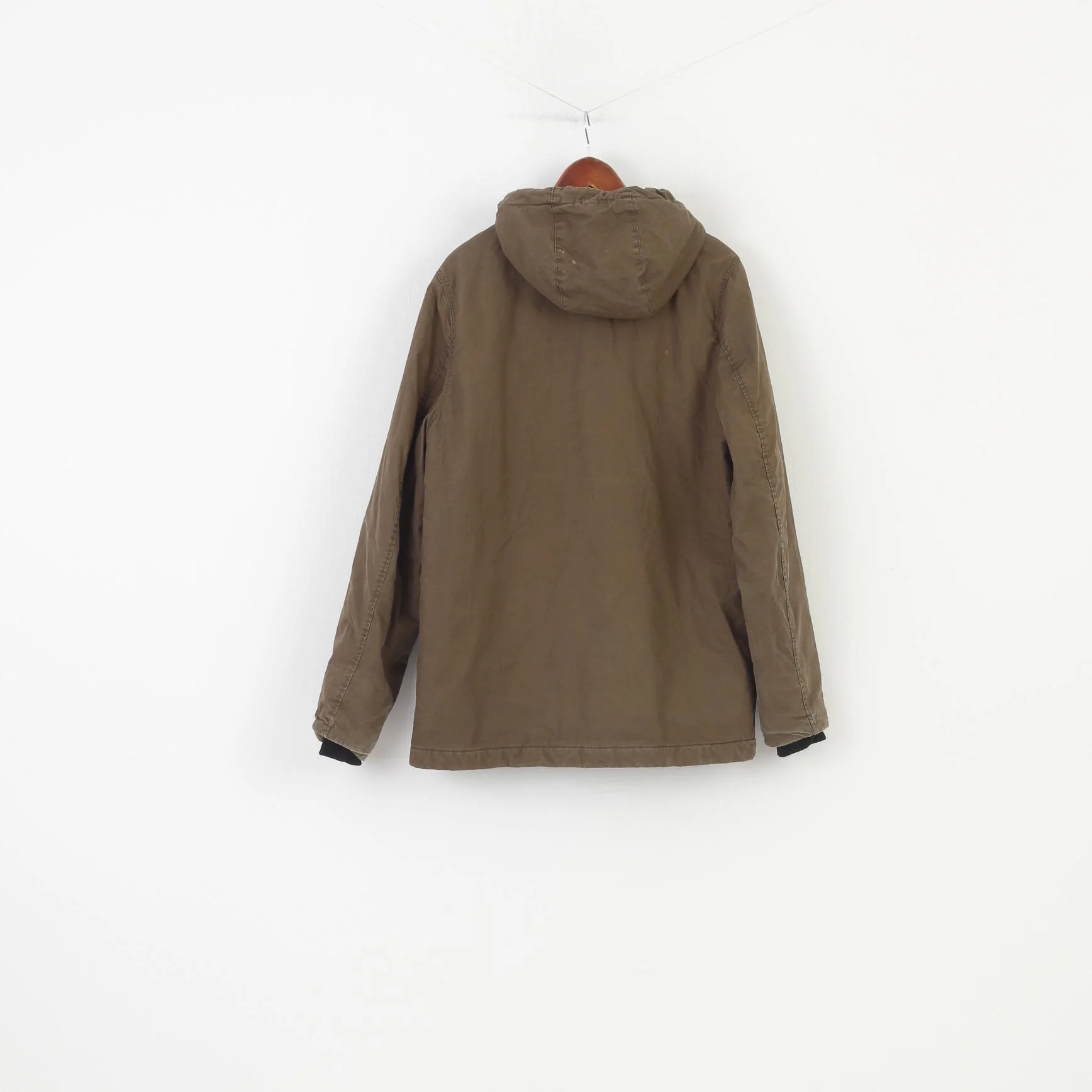 H&M Men M Jacket Khaki Padded Cotton Hood Full Zipper Pockets Winter Vintage Top - Image 9