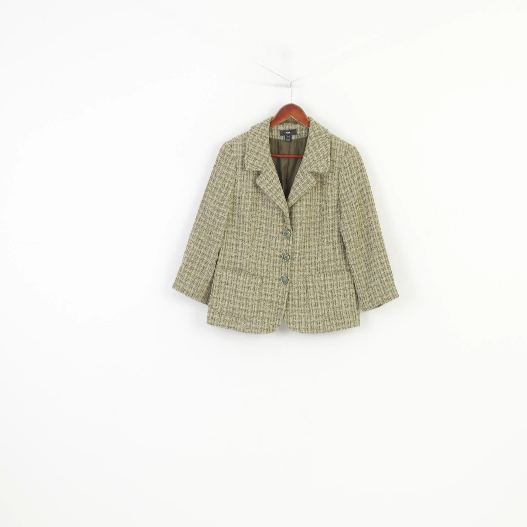 H&M Women 42 L Blazer Green Checkered Single Breasted Pockets 7/8 Sleeve Bottoms Vintage Jacket