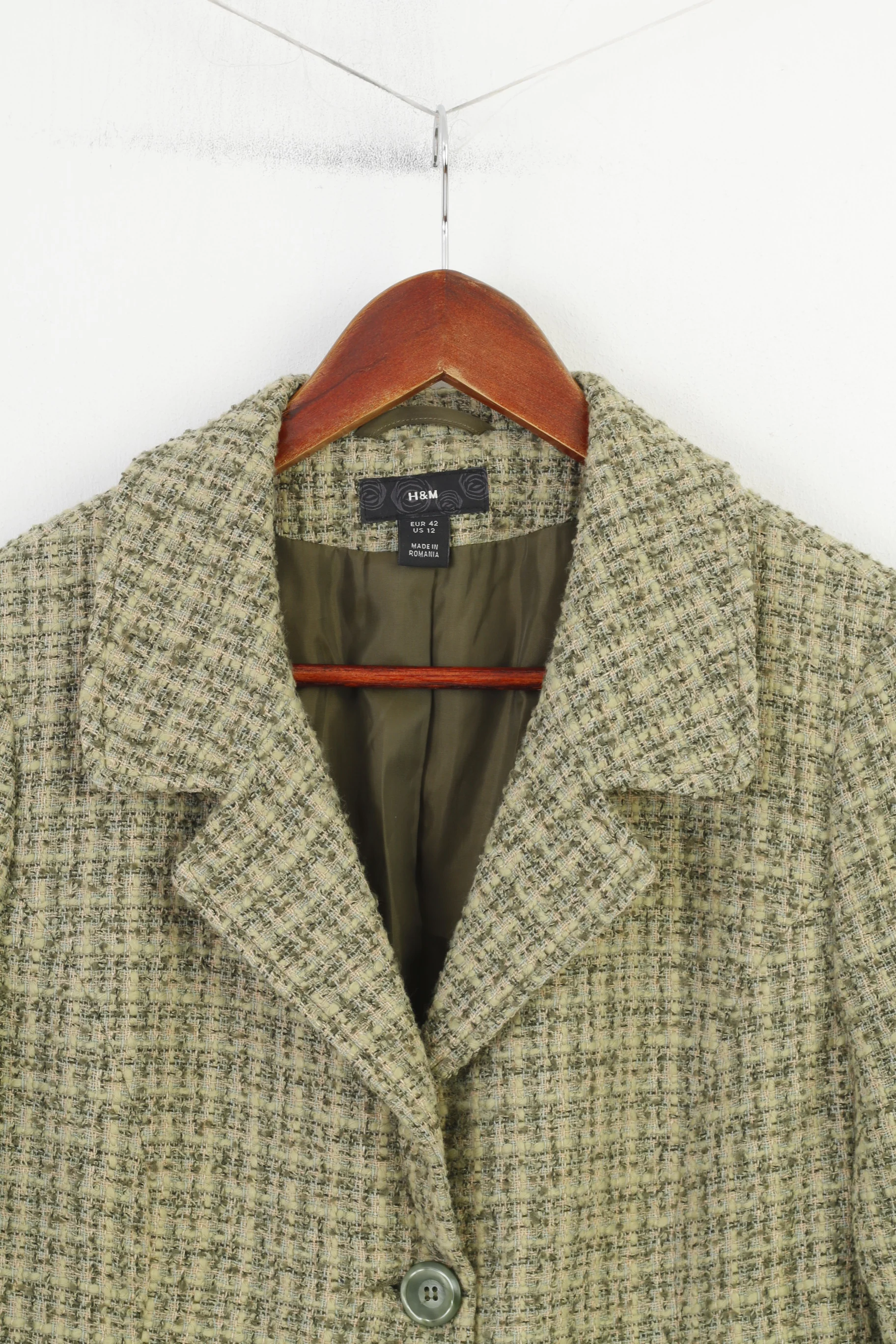 H&M Women 42 L Blazer Green Checkered Single Breasted Pockets 7/8 Sleeve Bottoms Vintage Jacket - Image 2