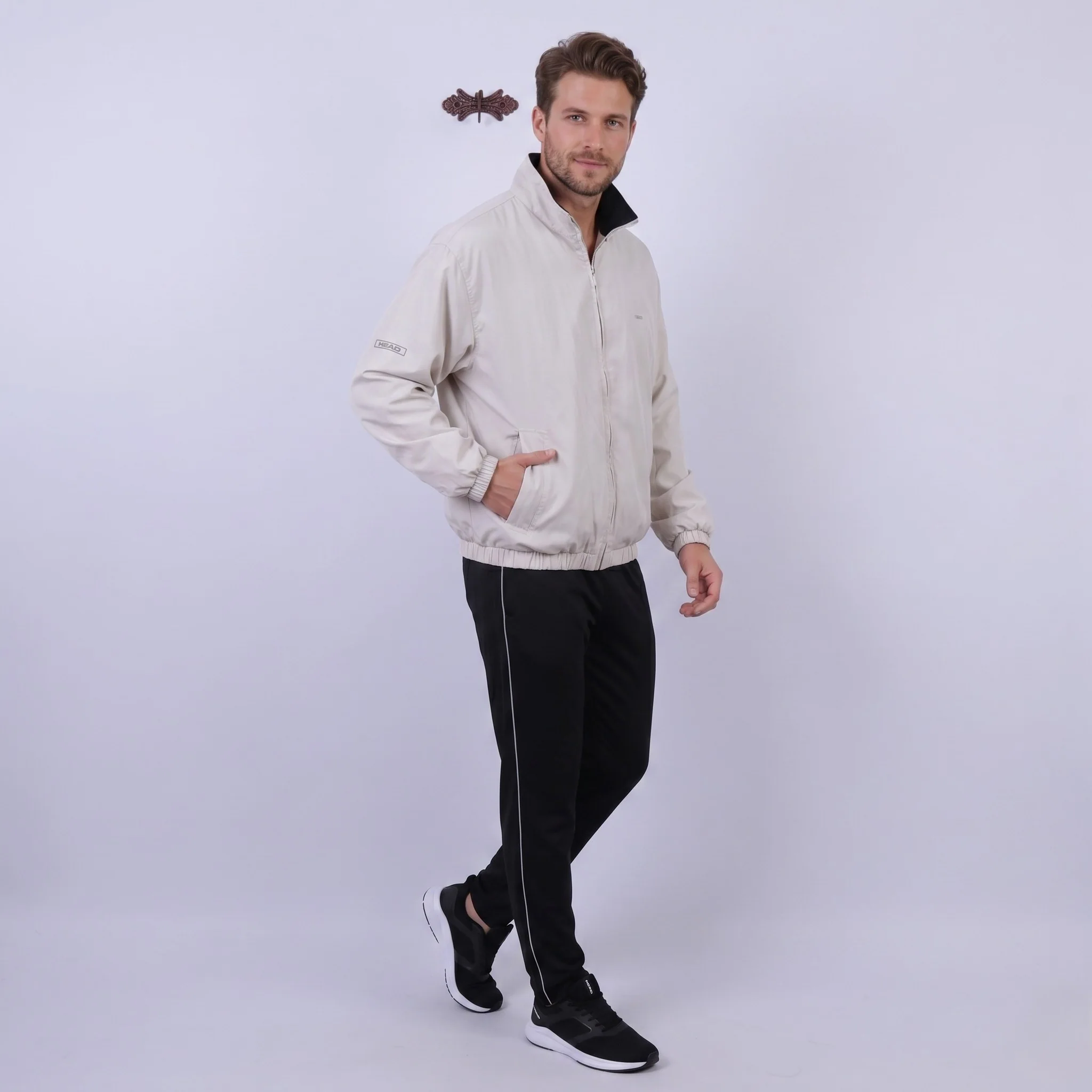 Head Men L Jacket Beige Lightweight Zip Up Activewear Retro Golf Bomber Top