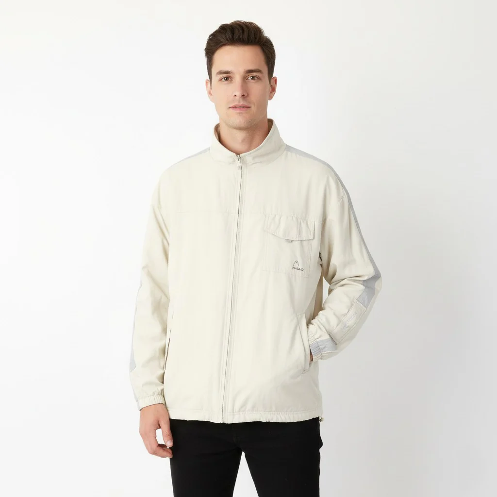 Head Men L Jacket Beige Vintage Fleece Lined Nylon Winter Pockets Full Zipper Top