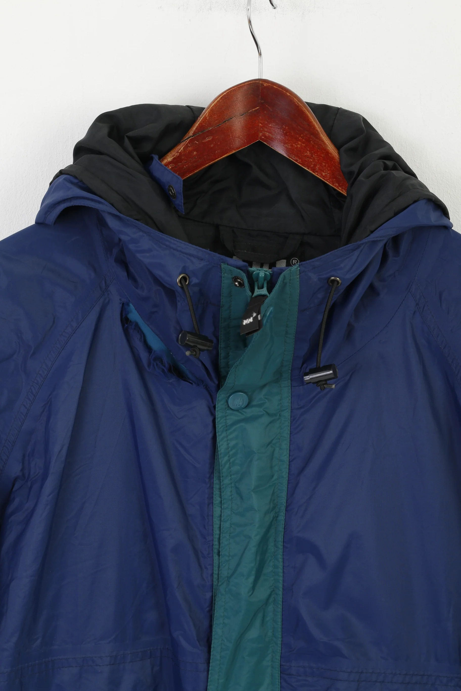 Helly Hansen Men XL Jacket Navy Green Nylon Waterproof Hooded Zip Up Outdoor Sailing Top - Image 2