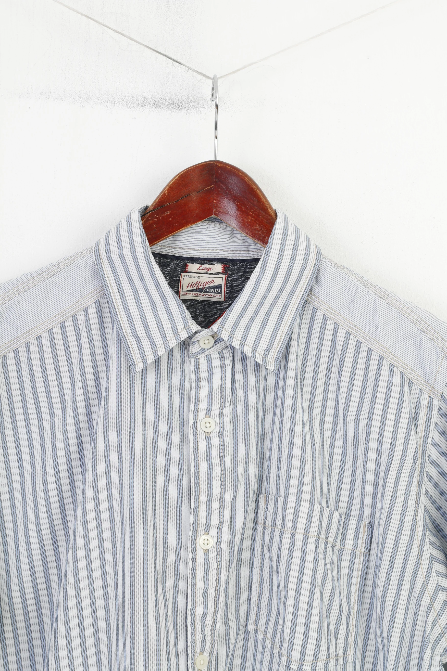 Hilfiger Denim Men L Casual Shirt Striped Long Sleeve Cotton White Collar Denim Top - Image 2