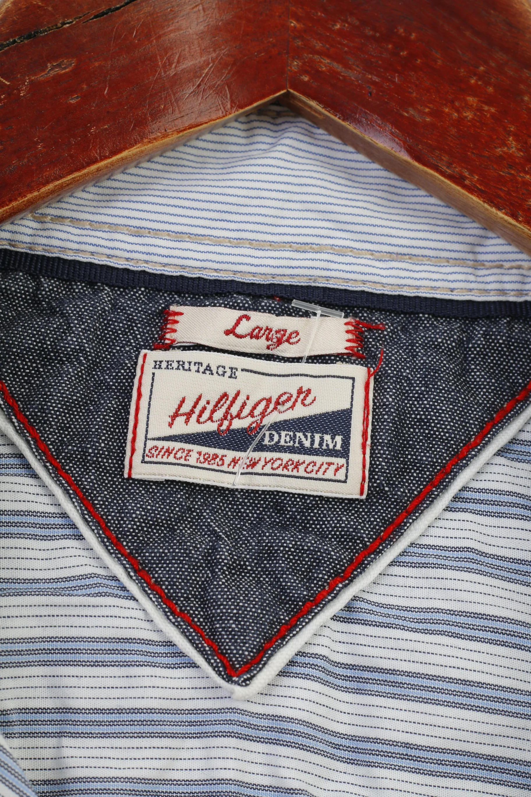 Hilfiger Denim Men L Casual Shirt Striped Long Sleeve Cotton White Collar Denim Top - Image 5