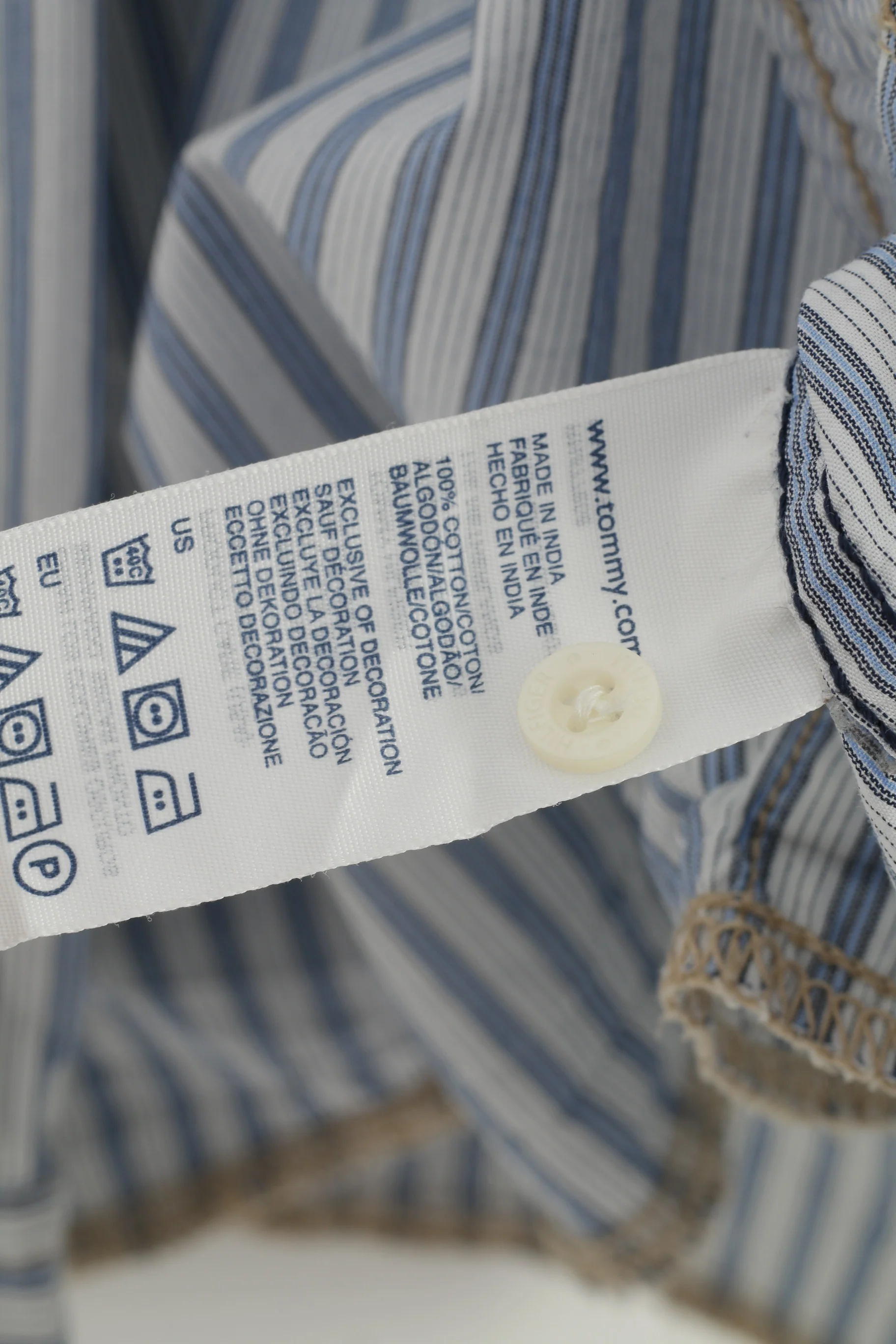 Hilfiger Denim Men L Casual Shirt Striped Long Sleeve Cotton White Collar Denim Top - Image 6
