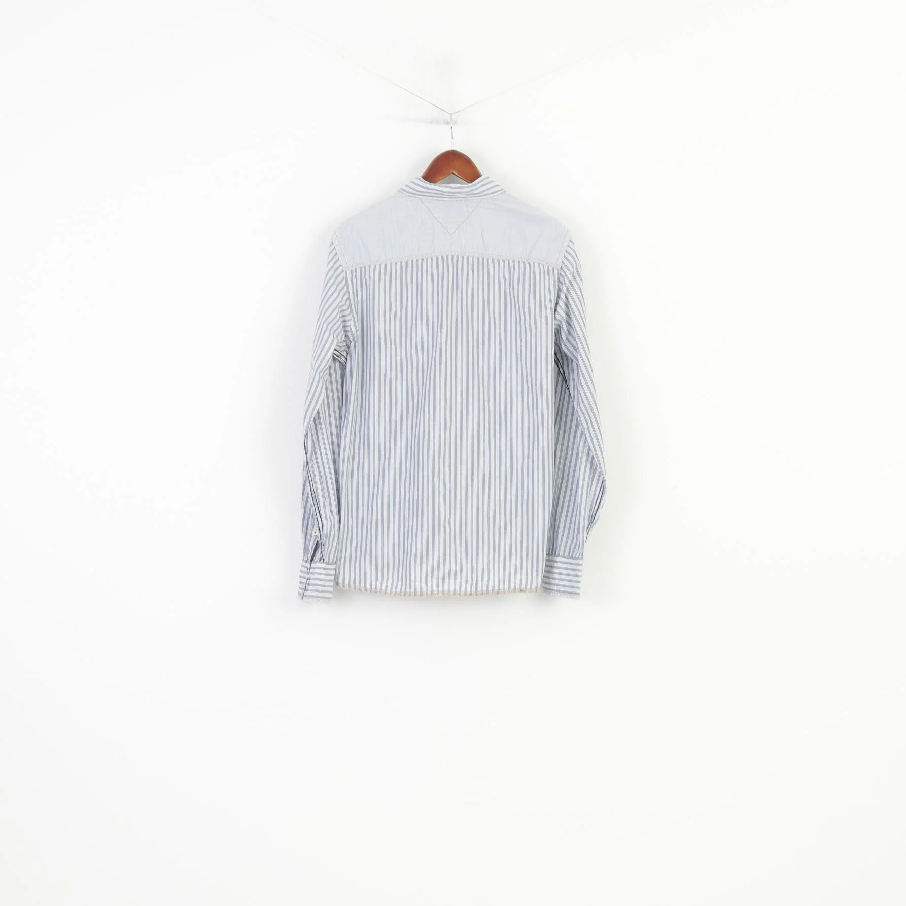 Hilfiger Denim Men L Casual Shirt Striped Long Sleeve Cotton White Collar Denim Top - Image 7