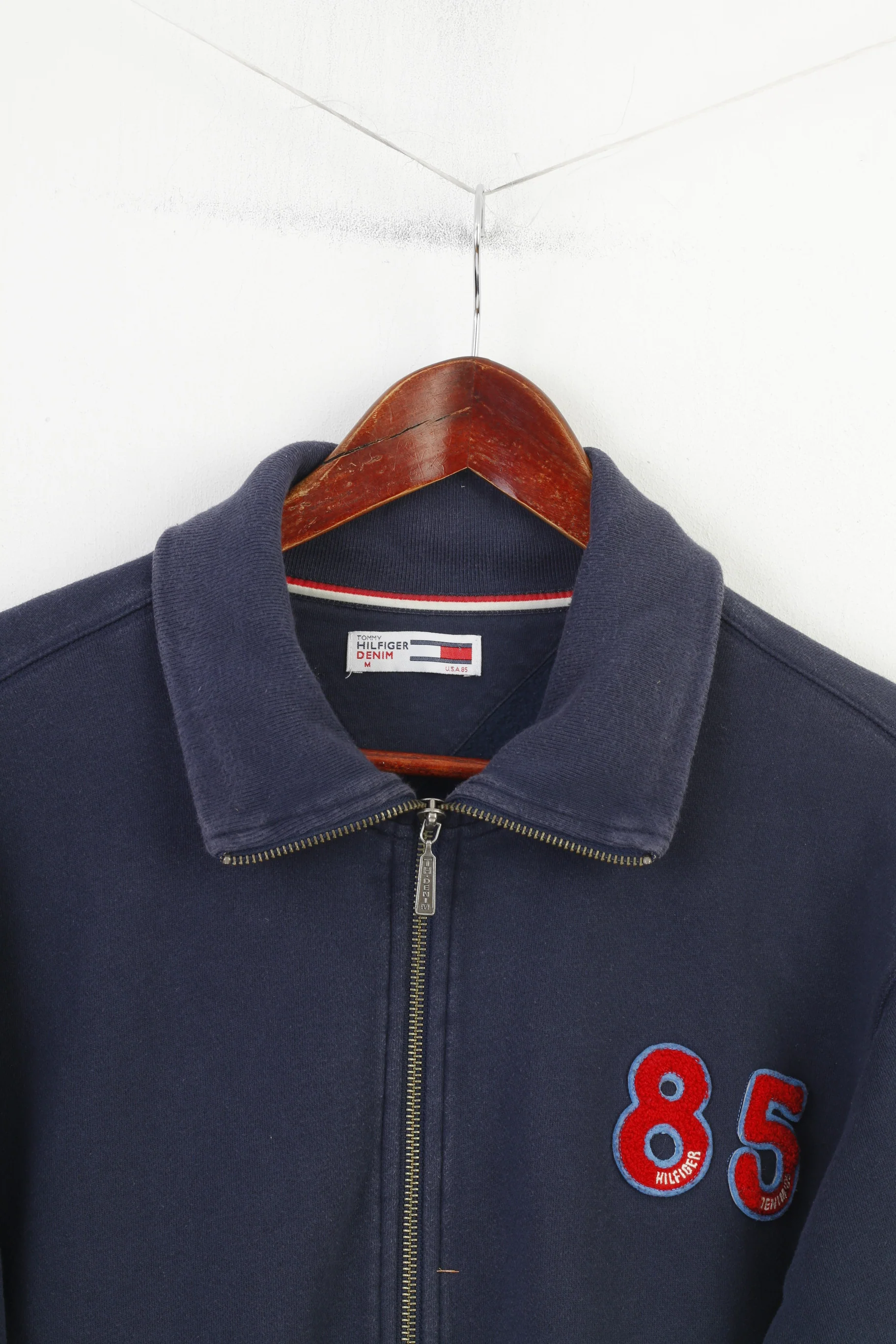 Hilfiger Denim Men M Sweatshirt Navy Cotton Full Zipper Vintage Top - Image 2
