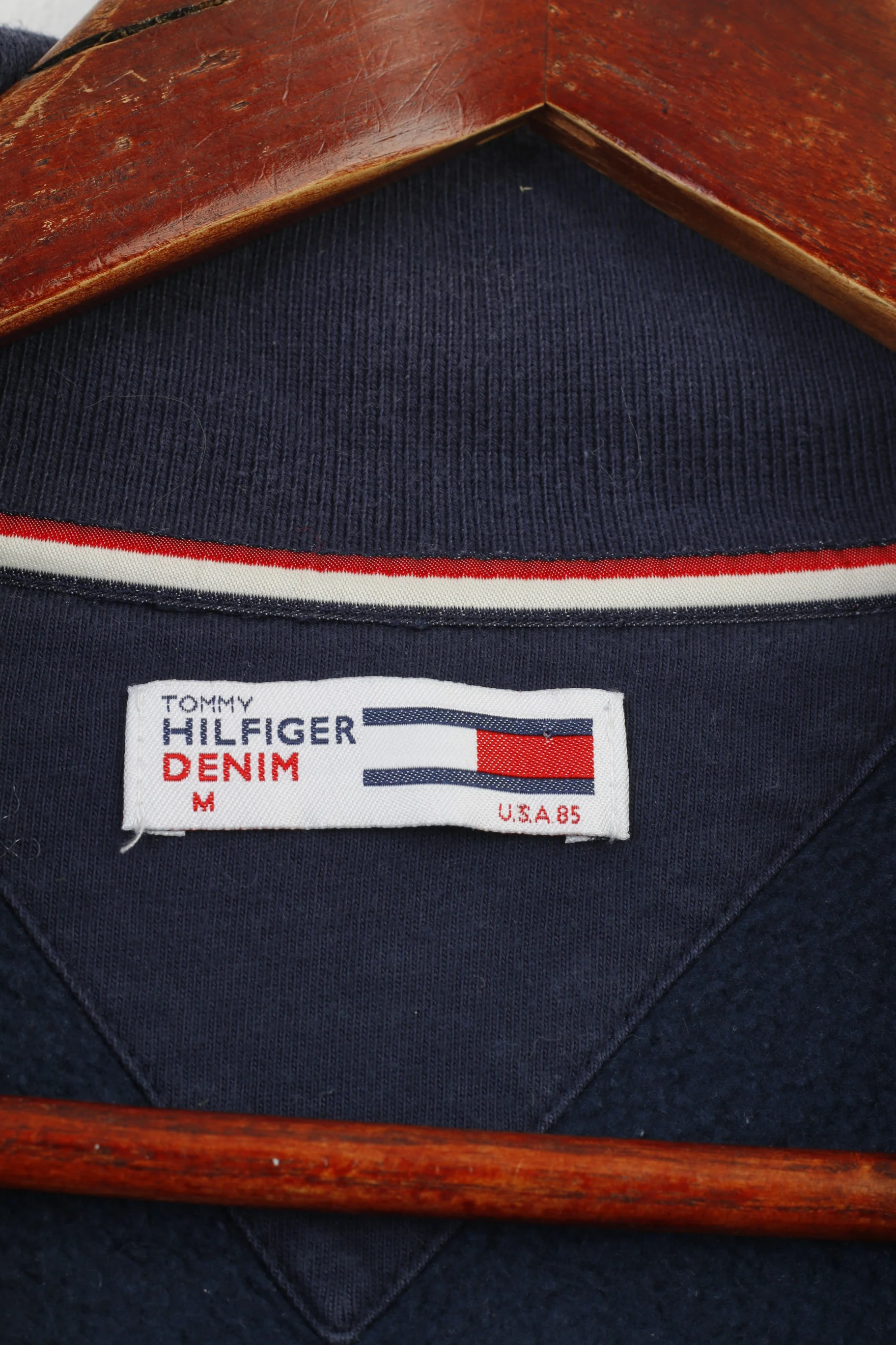 Hilfiger Denim Men M Sweatshirt Navy Cotton Full Zipper Vintage Top - Image 5