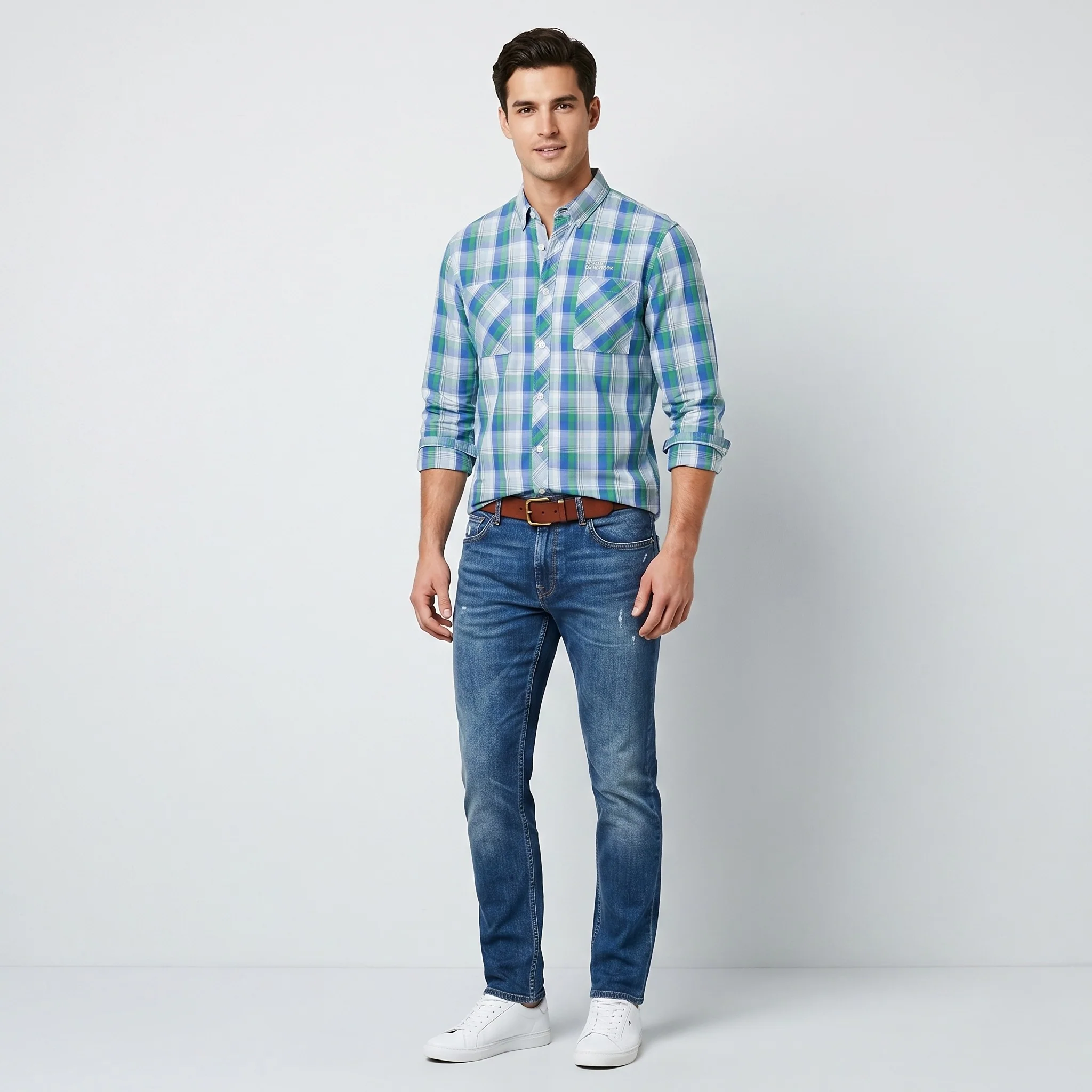 Hilfiger Denim Men XL (L) Casual Shirt Blue Cotton Checkered Button Down Collar Top