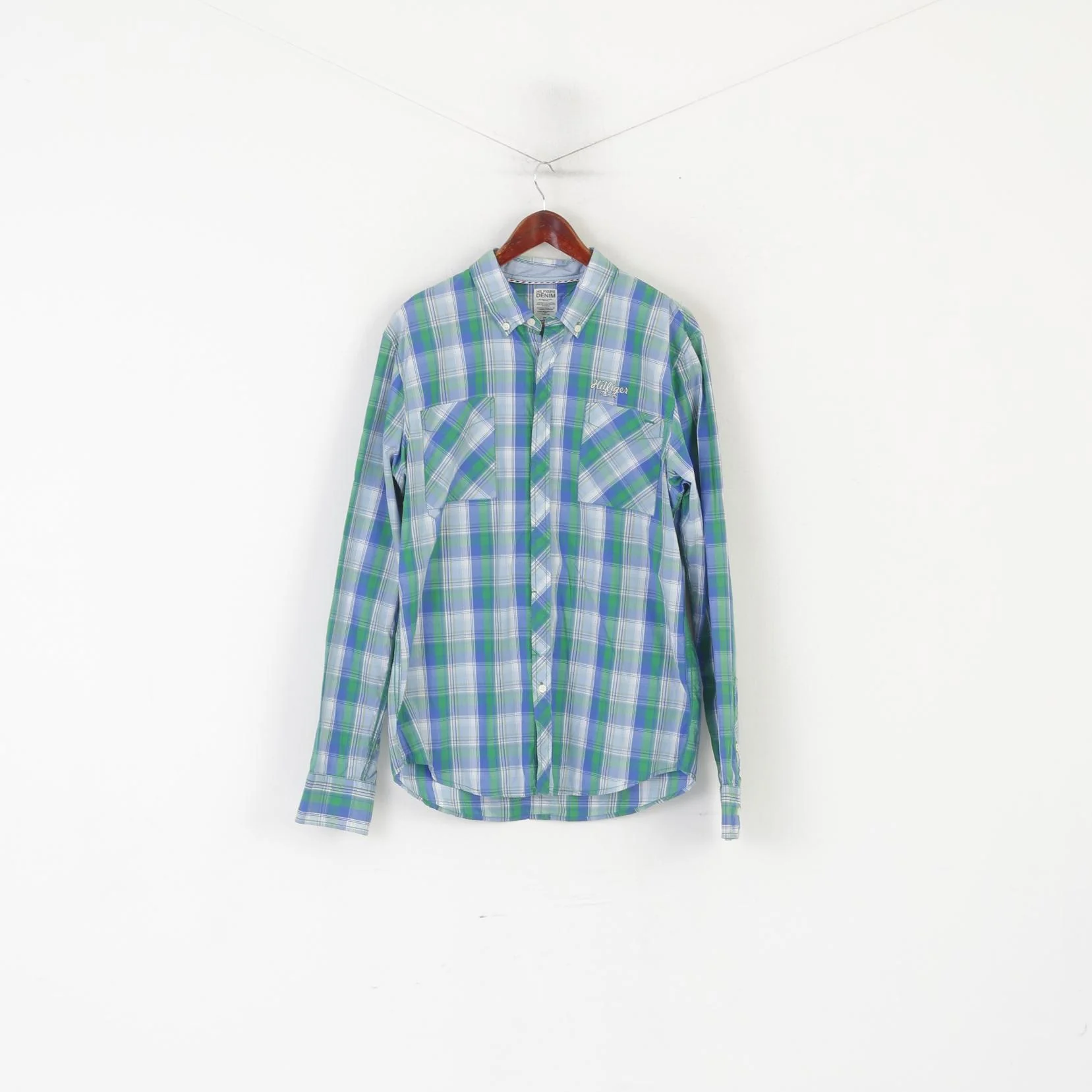 Hilfiger Denim Men XL (L) Casual Shirt Blue Cotton Checkered Button Down Collar Top - Image 2