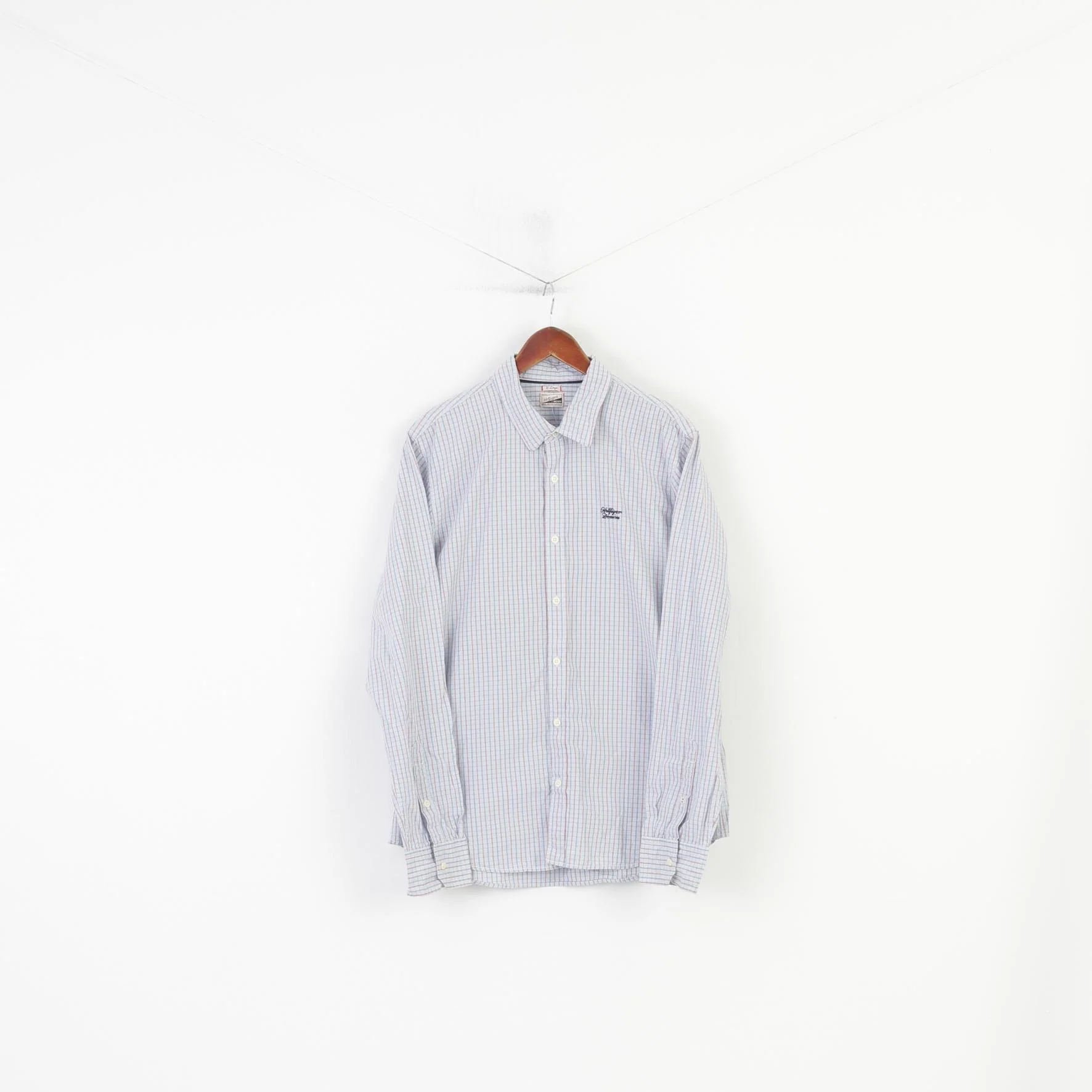 Hilfiger Denim Men XL L Casual Shirt Checkered Long Sleeve Cotton Blue Top