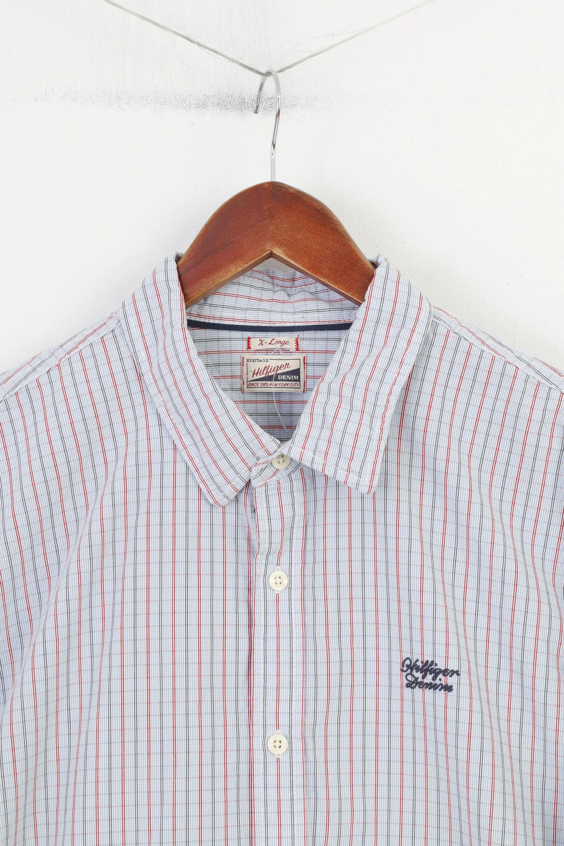Hilfiger Denim Men XL L Casual Shirt Checkered Long Sleeve Cotton Blue Top - Image 2