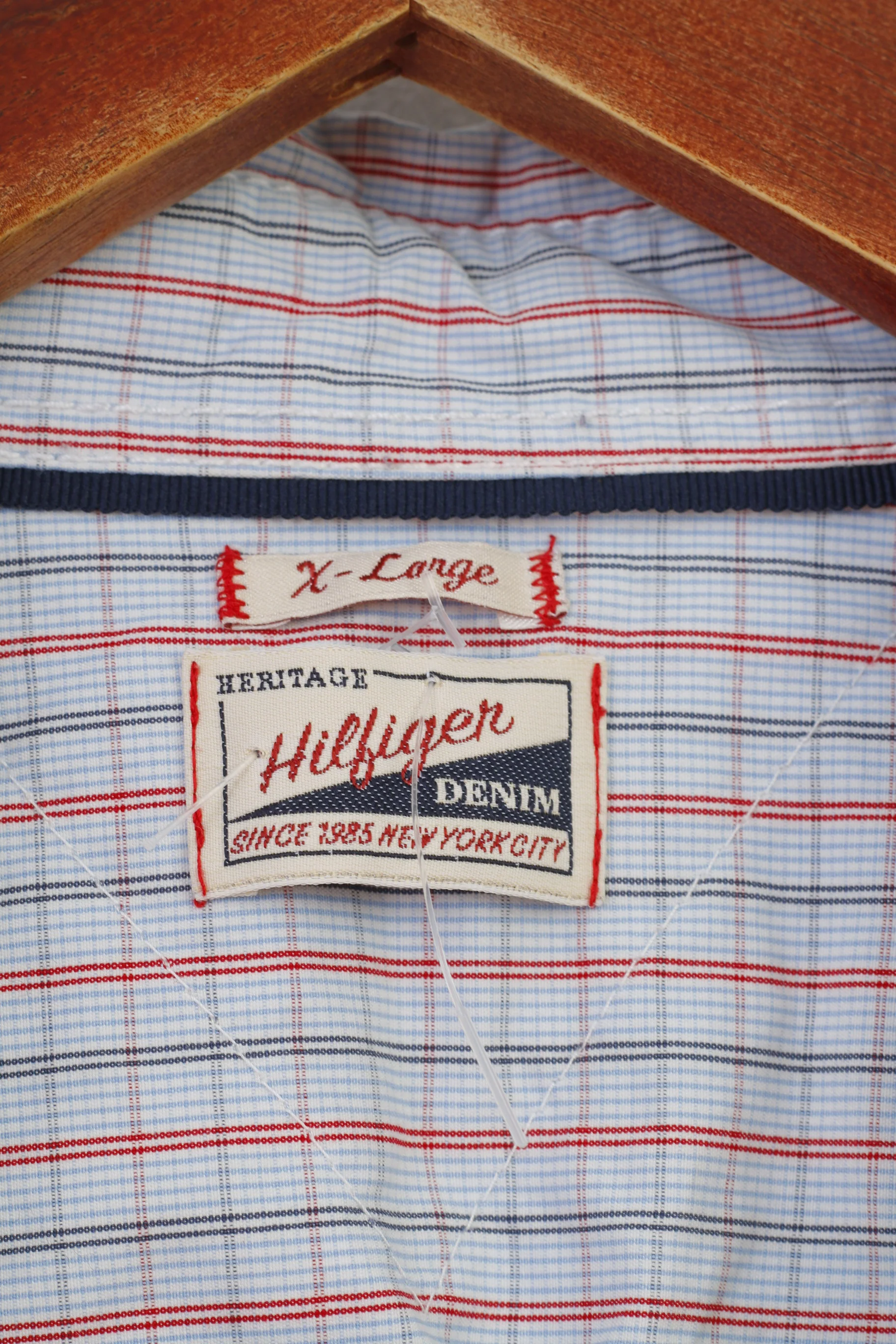 Hilfiger Denim Men XL L Casual Shirt Checkered Long Sleeve Cotton Blue Top - Image 5